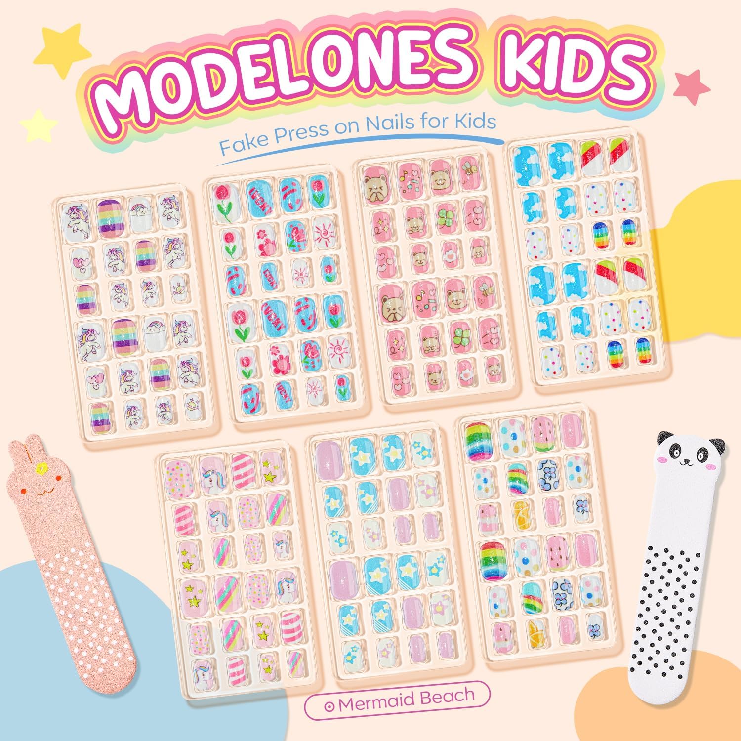 Modelones Press on Nails for Kids 144Pcs 6 Pack Children Acrylic Fake Nails Pre-glue Full Cover Glitter Gradient Color Heart Cat Short False Nail Art Kits Sets Christmas Gifts for Kids Girls