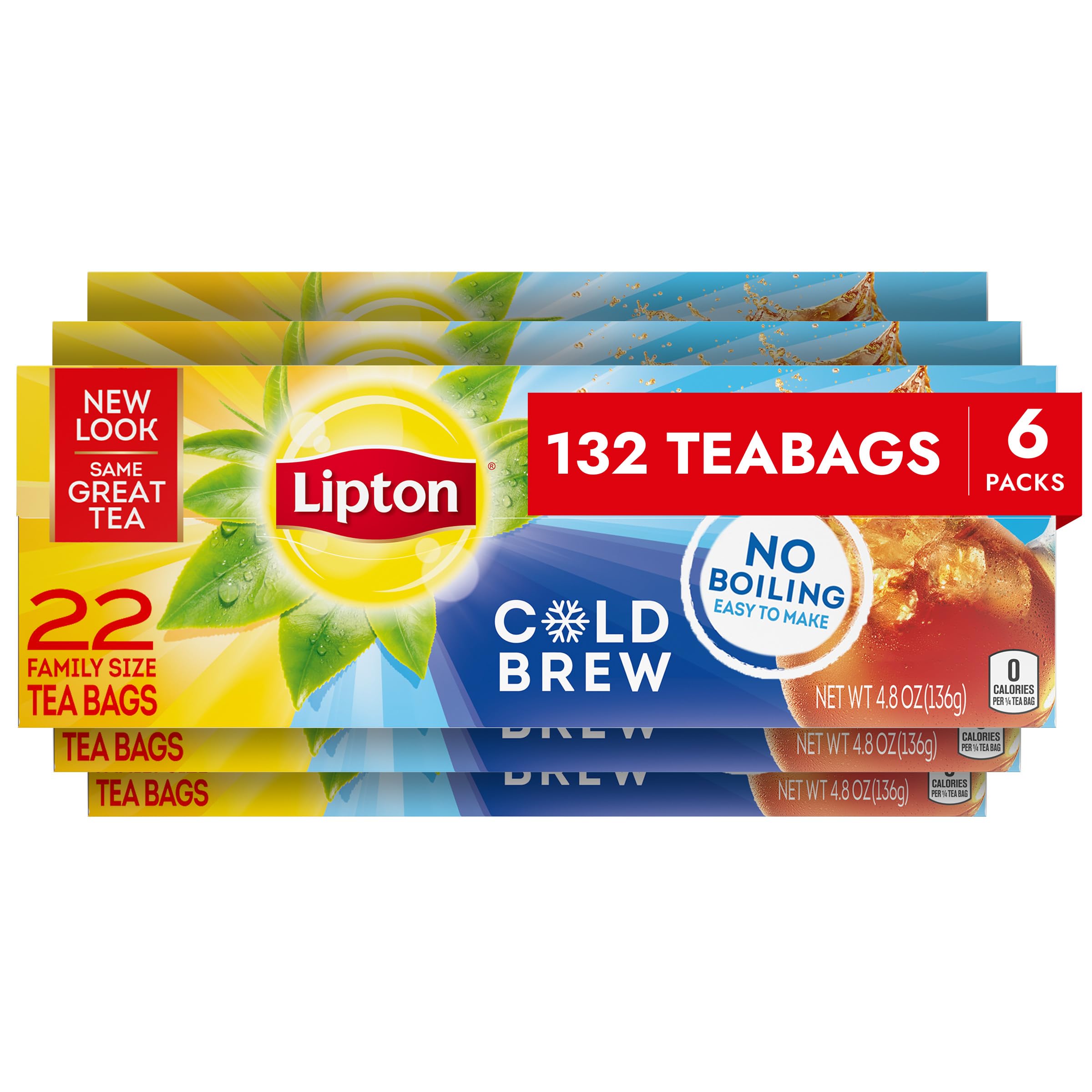 Lipton Cold Brew Iced Tea Bags, Family Size Zero Calories, Easy-To-Make with no boiling needed, 132 Total Tea Bags (22ct - Pack of 6)