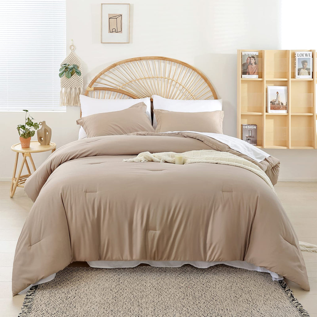 weigelia Twin Comforter Set 5 Pieces Beige Bed in A Bag Soft Queen Bedding Set Lightweight Comforter Set for Women and Men（Comforters, Flat & Fitted Sheets, Pillowcases & Shams）