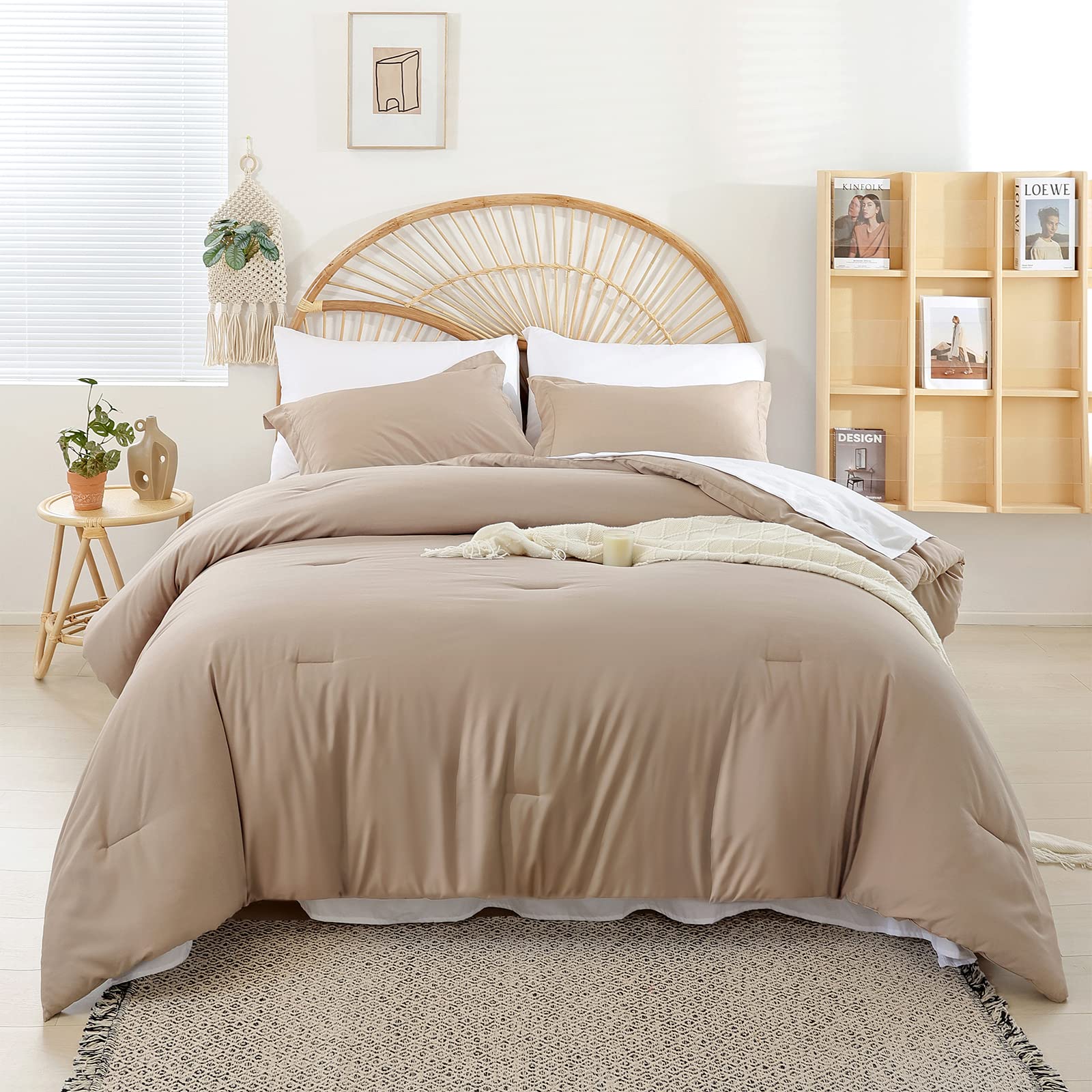 weigelia Twin Comforter Set 5 Pieces Beige Bed in A Bag Soft Queen Bedding Set Lightweight Comforter Set for Women and Men（Comforters, Flat & Fitted Sheets, Pillowcases & Shams）