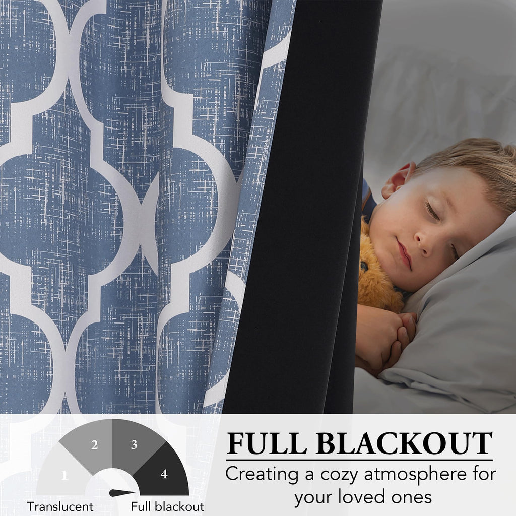 Beauoop 100% Blackout Curtains 45 Inches Long 2 Panels for Bedroom Living Room Aqua Grey Moroccan Geo Room Darkening Thermal Insulated Soundproof Grommet Top Window Treatments Drapes, 50x45 Set of 2