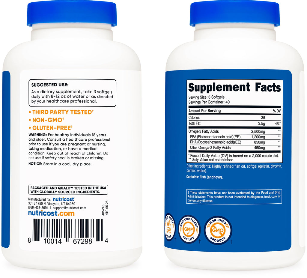 Nutricost Omega 3 Fish Oil - 2500MG, 120 Softgels (40 Serv) - Fish Oil, Wild Caught! 1200mg EPA 850mg DHA - Non-GMO, Gluten Free
