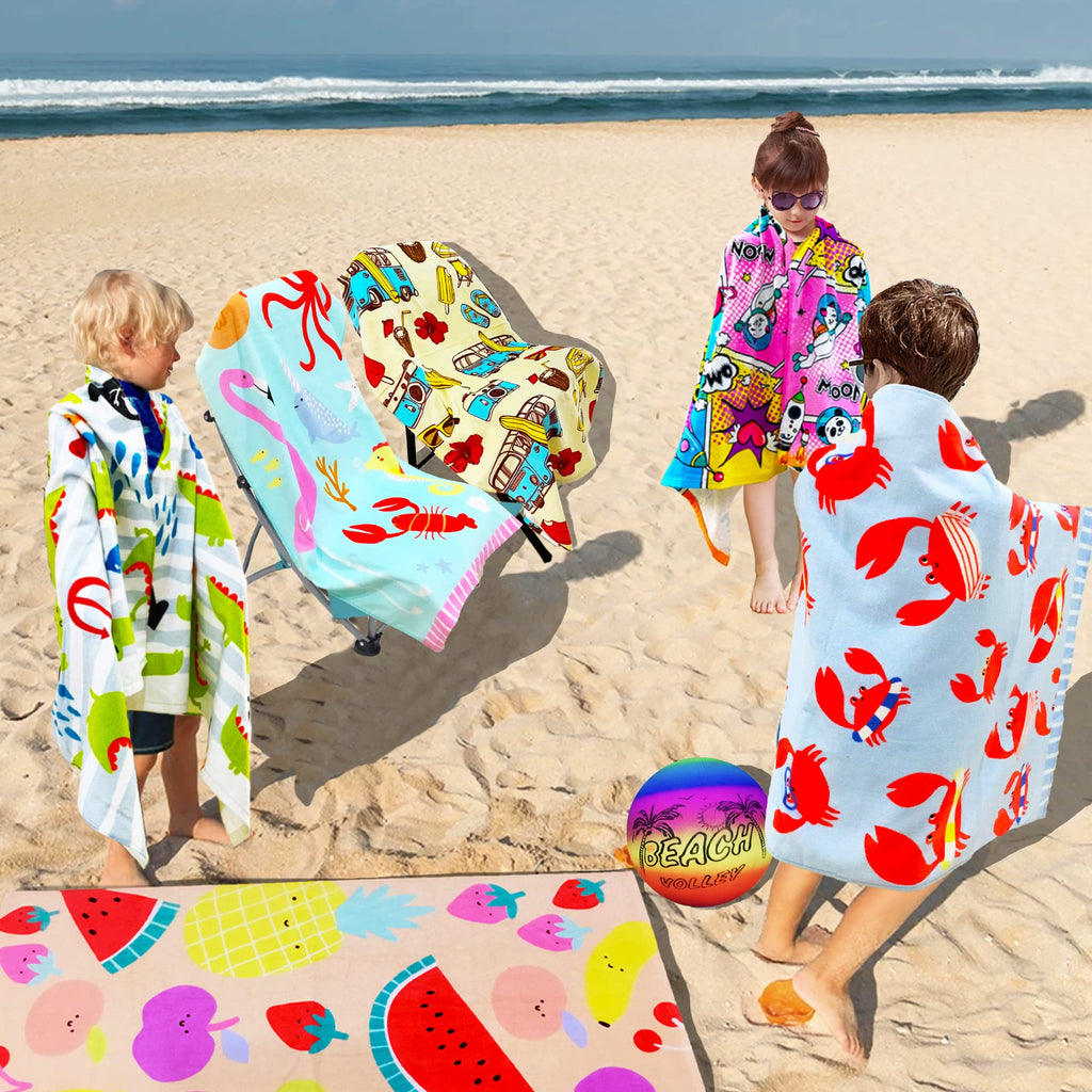 Kids Beach Towel Velour Terry Blanket Throw 100% Cotton Super Soft Absorbent 25.5X51 inches for Bath Swimming Sports Camping Holiday Picnic, Bus Coconut Parasol Lounge Audio Player.