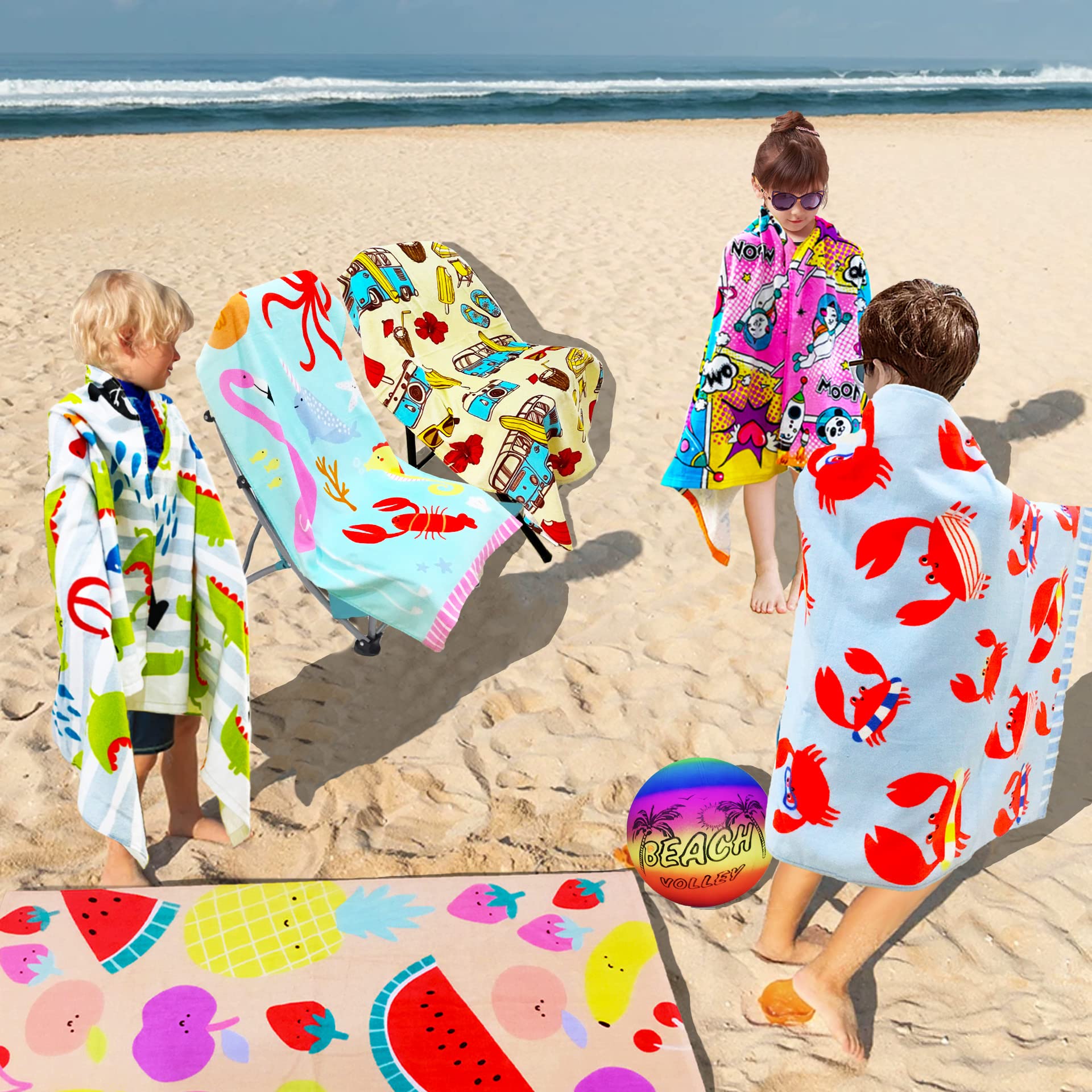 Kids Beach Towel Velour Terry Blanket Throw 100% Cotton Super Soft Absorbent 25.5X51 inches for Bath Swimming Sports Camping Holiday Picnic, Bus Coconut Parasol Lounge Audio Player.
