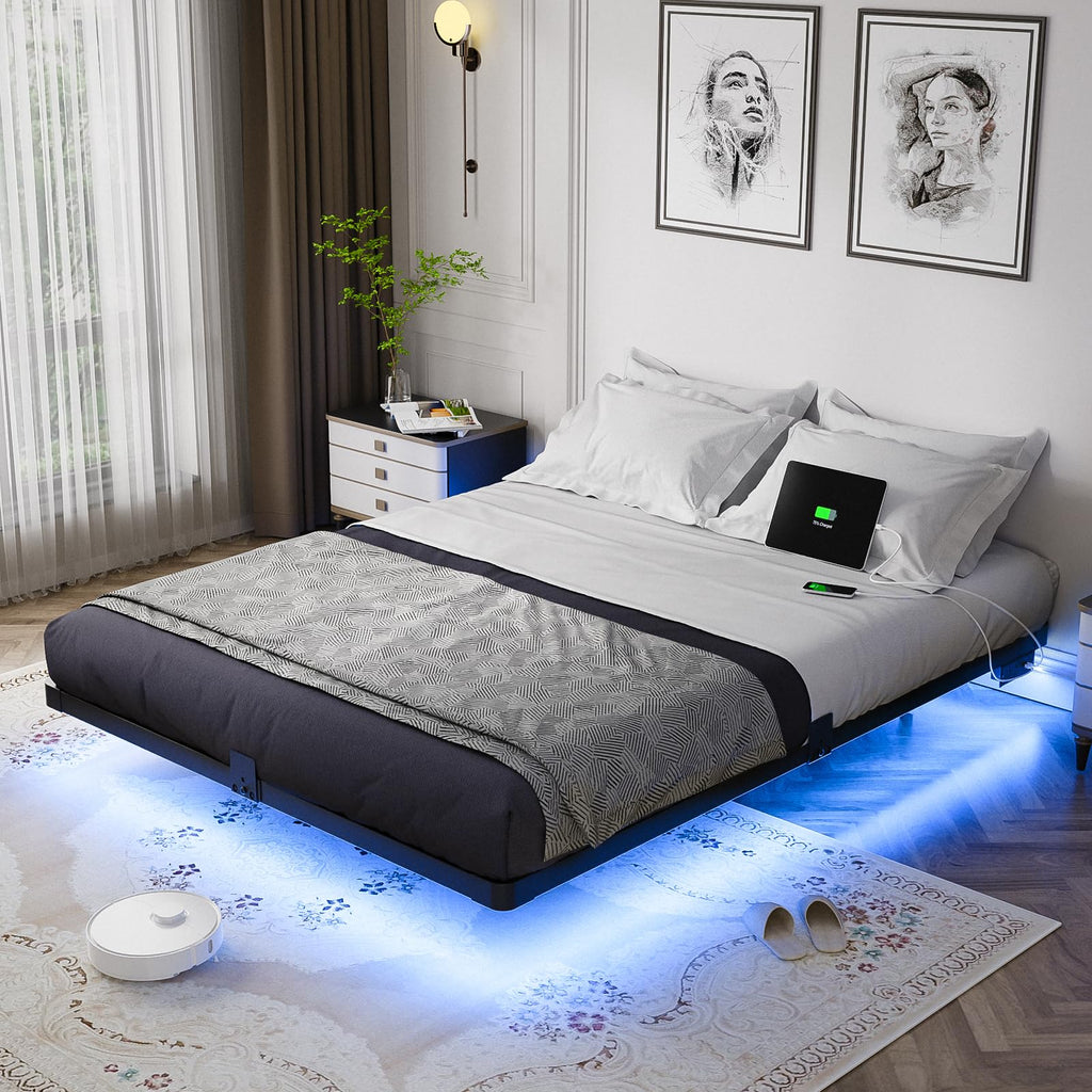 OLEVS Floating Bed Frame Full Size with Smart LED Lights and Charging Station - Modern Metal Platform Bed, Easy Assembly No Box Spring Needed