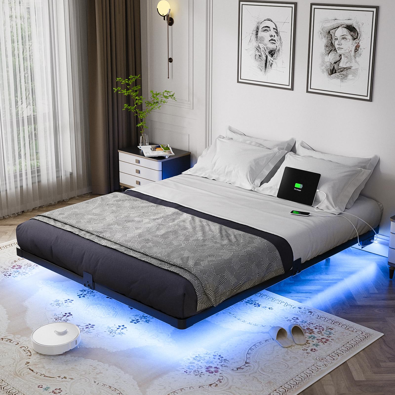 OLEVS Floating Bed Frame Full Size with Smart LED Lights and Charging Station - Modern Metal Platform Bed, Easy Assembly No Box Spring Needed