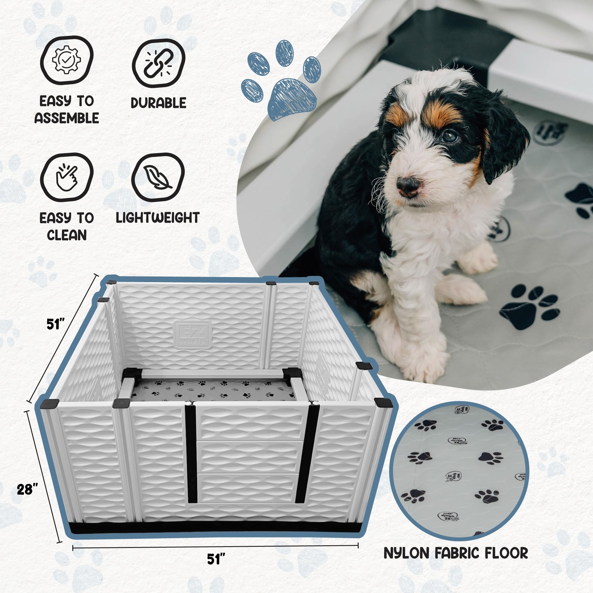 EZwhelp EZclassic Windowed 48"x48"x18" Whelping Box with Rails and Windowed Walls, Padded Dog Whelping Box, Black Pad