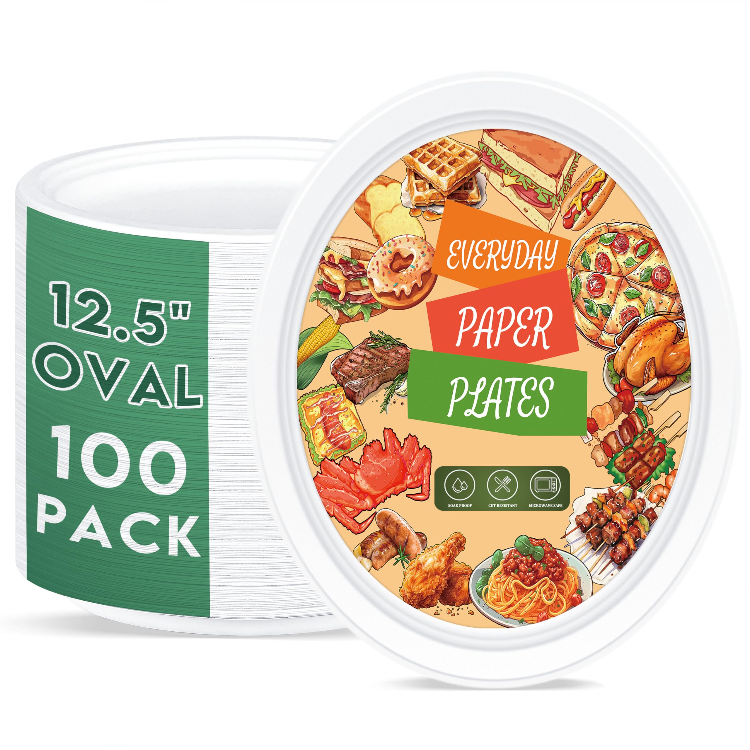 ZOES HOMEWARE 100% Compostable Oval Paper Plates 12 inch Bulk 100 Count, Heavy Duty Large Disposable Plates, Eco-Renewable Sugarcane Pulp Plates for Party,Dinner& Daily Use, White