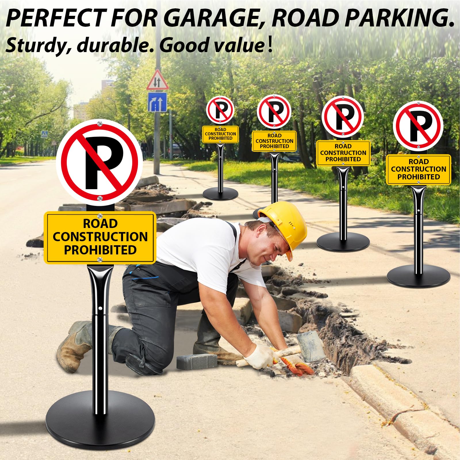 Heavy Duty Parking Sign Base Cast Iron 48" Parking Sign Post, Heavy Duty Cast Iron Sign Holder Base, Movable Sign Stand Suitable for Hanging Warning, Notice, Guiding Sign Display Stand (Black)
