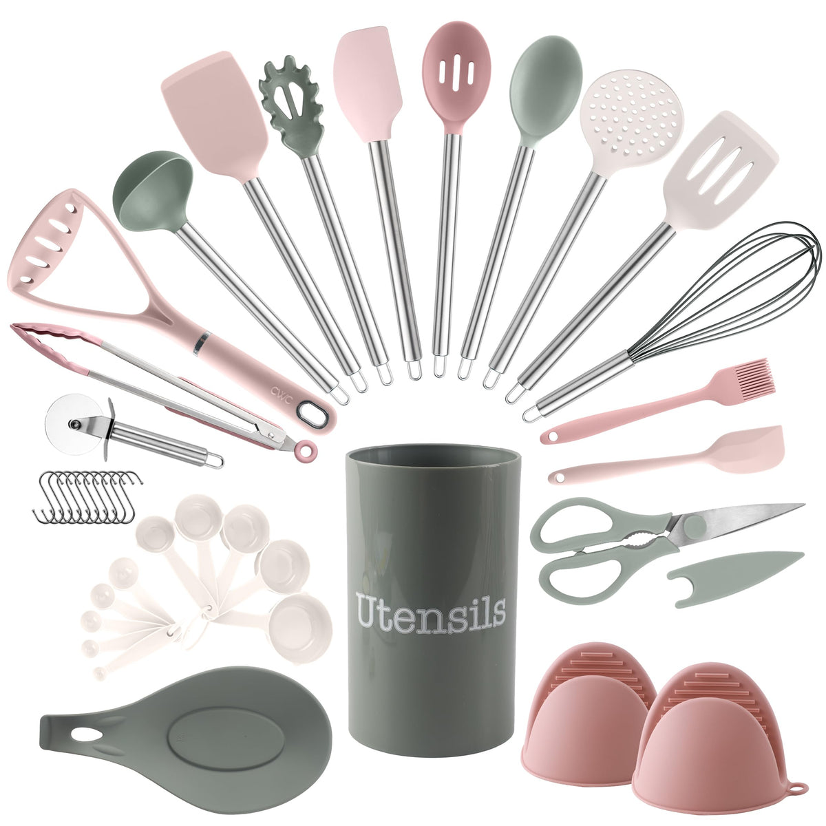 COOK WITH COLOR Silicone Cooking Utensils, Kitchen Utensil Set, Easy to Clean Silicone Kitchen Utensils, Cooking Utensils for Nonstick Cookware, Kitchen Gadgets Set with Holder, 10 Pieces