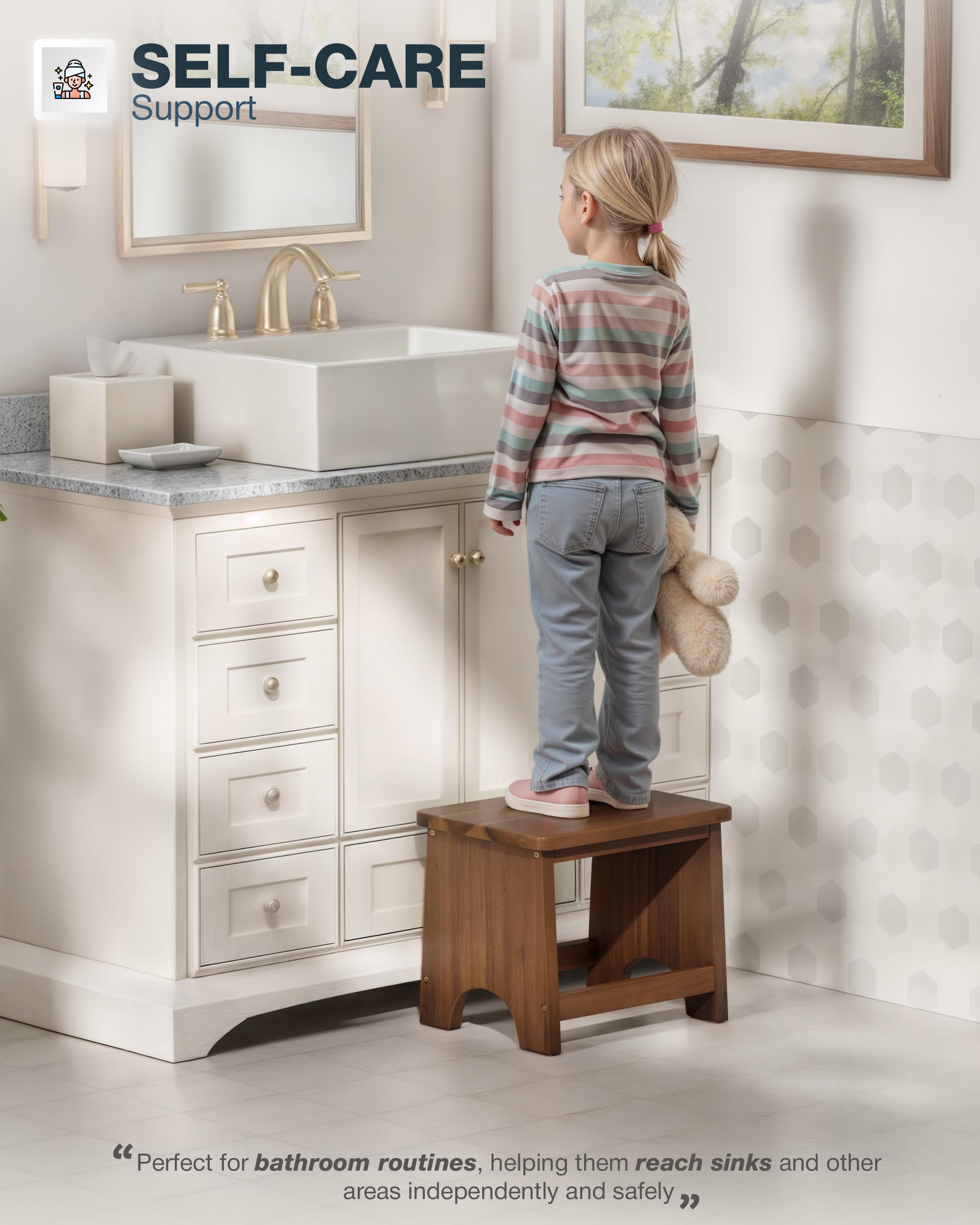 FANATU 13'' Wooden Step Stool, One Step Stool for Adults, Wooden Beside Step Stool with 550 Load Capacity (Acacia, 6.3 in – Metal Legs)