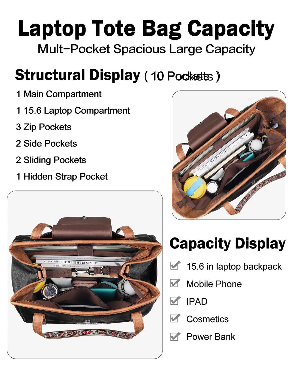 FADEON Large Laptop Tote Bag for Women Designer Leather Laptop Bag Fashion Travel Backpack Purse Shoulder Handbag