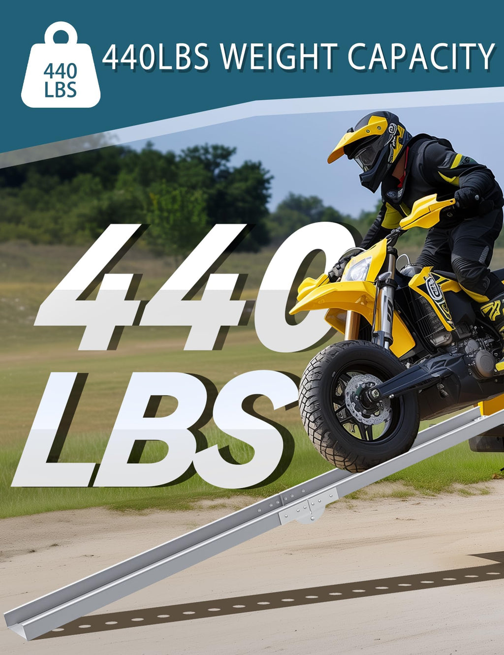 6FT Foldable Aluminum Motorcycle Loading Ramp, 440lbs Capacity Portable Single Truck Ramp for Dirt Bikes, E-Bikes and Trailers, 1 Pack with Safety Strap