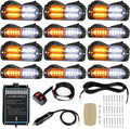 LINKITOM 12pcs Ultra Slim Sync Feature Surface Mount LED Emergency Beacon Hazard Warning Flashing Strobe Lights with Waterproof Controller and Long Heavy Cable for Car Truck Vehicle, Amber/White