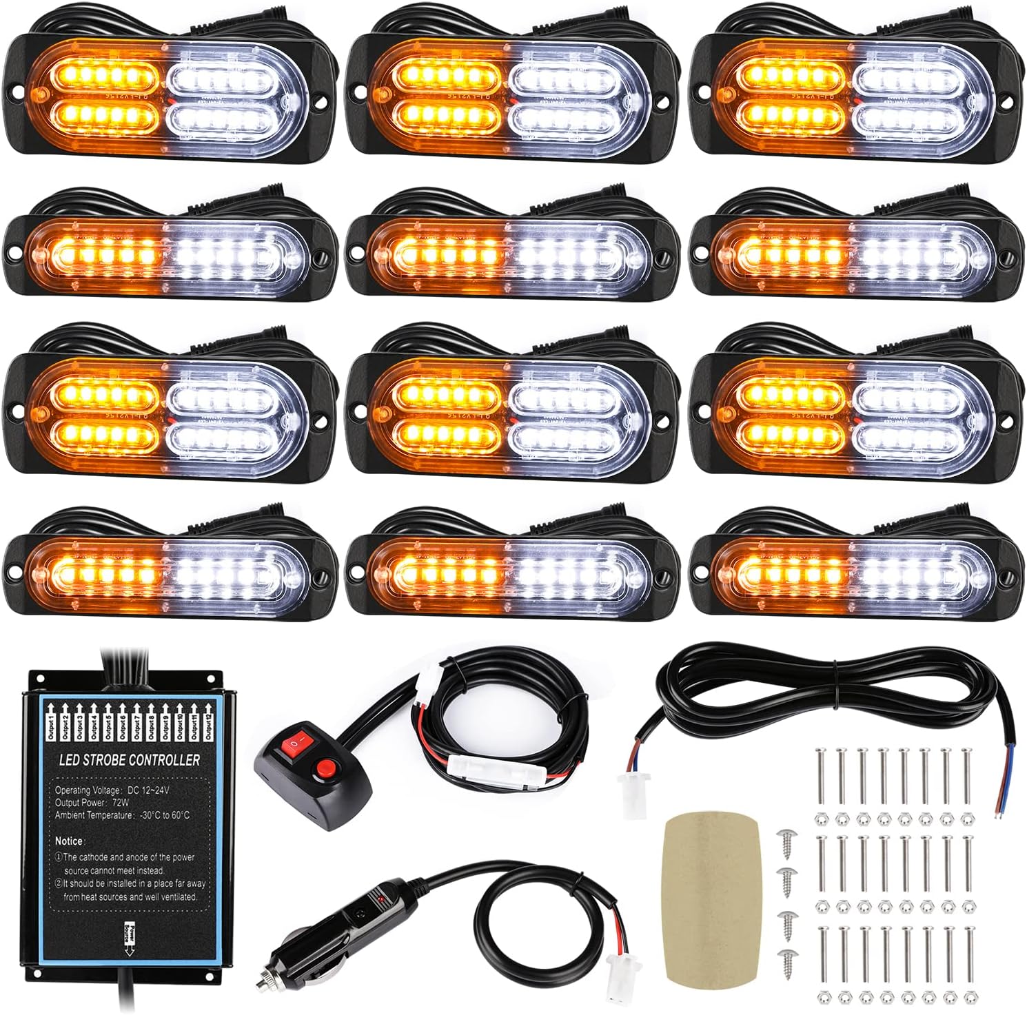 LINKITOM 12pcs Ultra Slim Sync Feature Surface Mount LED Emergency Beacon Hazard Warning Flashing Strobe Lights with Waterproof Controller and Long Heavy Cable for Car Truck Vehicle, Amber/White