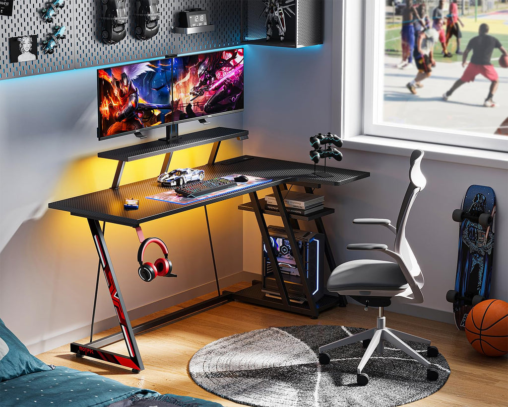 MOTPK Gaming Desk with LED Lights & Power Outlets, 47 Inch L Shaped Computer Desk with Storage Shelf, & Monitor Stand, PC Gaming Table with Carbon Fiber Texture, Black