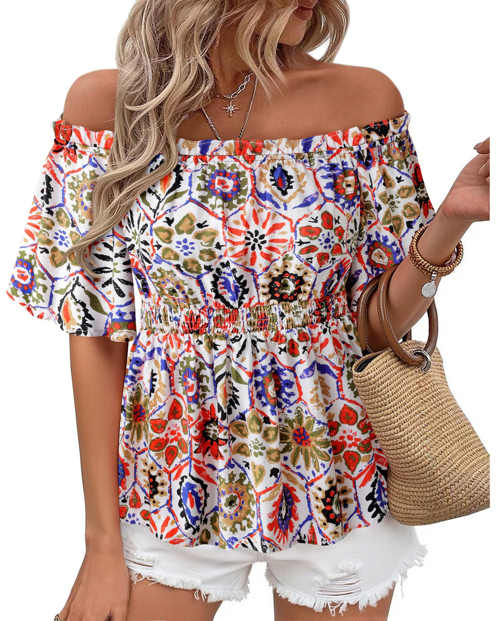 Bebonnie Women's Summer Sexy Off The Shoulder Peplum Tops Ruffle Sleeve Dressy Blouses