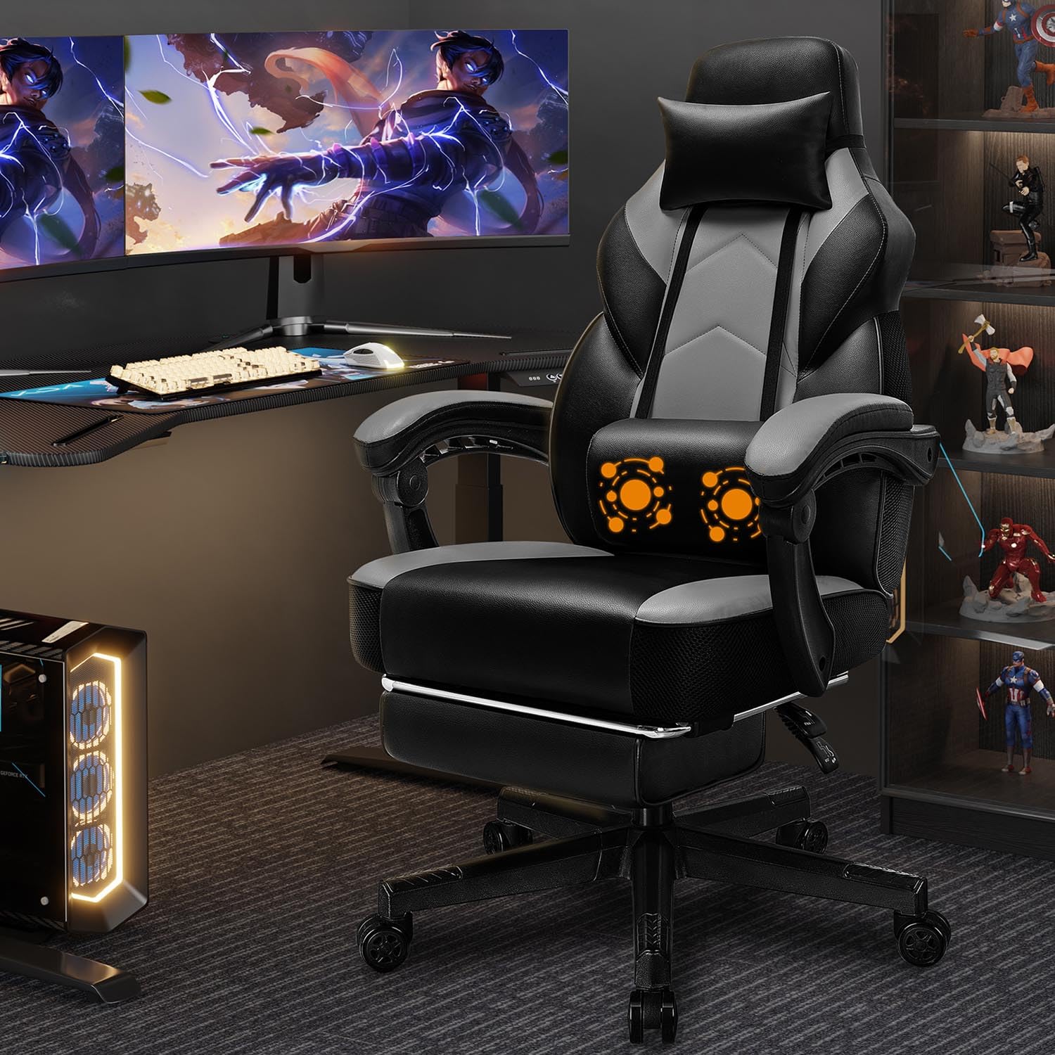Shintenchi Gaming Chair,Video Game Chair with footrest and Massage Lumbar Support,Height Adjustable Game Chair with 360°Swivel Seat Ergonomic Computer Chair with Headrest for Office or Gaming(Blue)