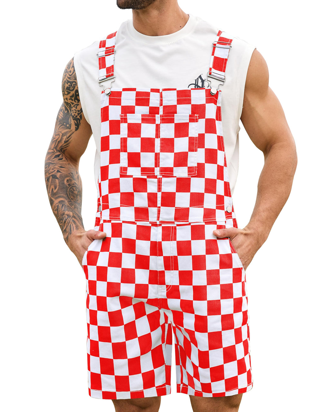 Odefou Checkered Bib Overalls for Men Jumpsuit Shorts Work Coveralls