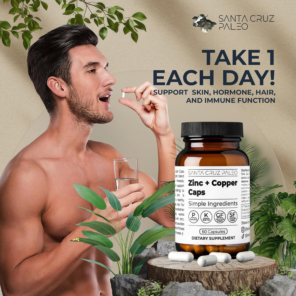 Santa Cruz Paleo, Zinc & Copper Mineral Supplement, High Absorption Formula, Zinc Supplement for Skin & Hair, L Methionine, Copper Gluconate, Trace Minerals, Gluten Free, Keto, Paleo, 60 Capsules