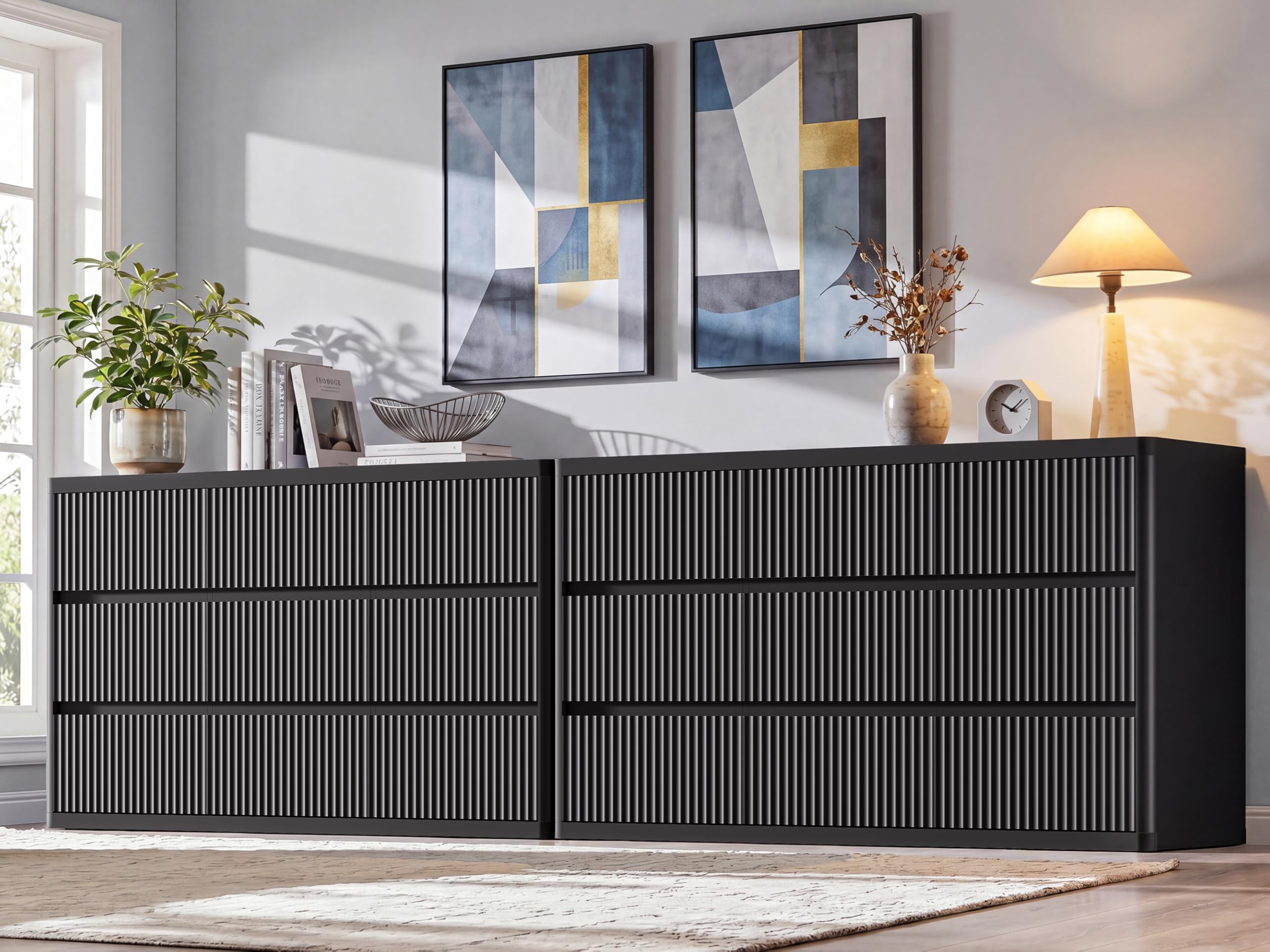 Standifurno Black 56" Tall Dresser for Bedroom, Fluted Modern 6 Drawers Deep Dressers, Wood Chest of Drawers with Handleless, Curved Profil Storage Closet Dressers for Bedroom, Living Room, Hallway