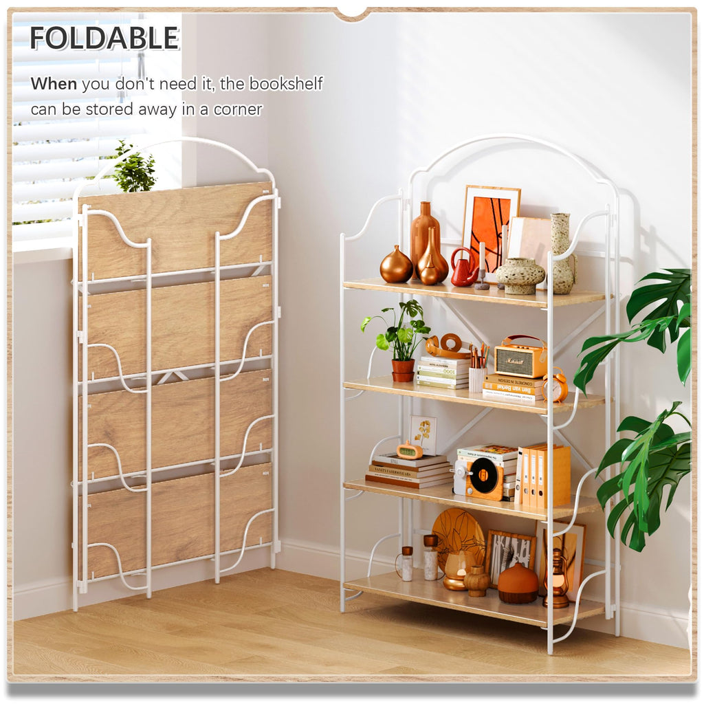 4NM No Assembly Folding Bookshelf, 3 Tiers Collapsible Book Shelves Open Industrial Foldable Storage Bookcase Shelf for Bedroom, Living Room, Home Office - Natural and White