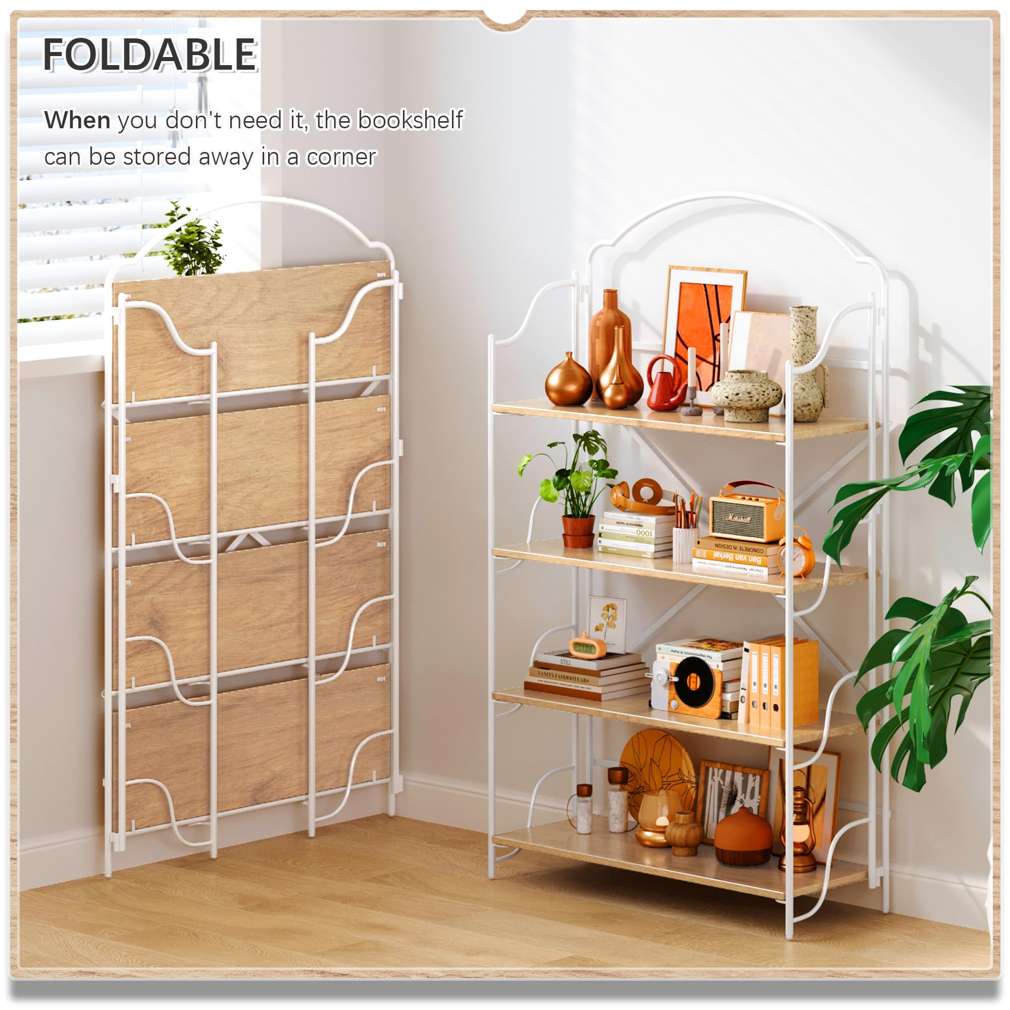4NM No Assembly Folding Bookshelf, 3 Tiers Collapsible Book Shelves Open Industrial Foldable Storage Bookcase Shelf for Bedroom, Living Room, Home Office - Natural and White