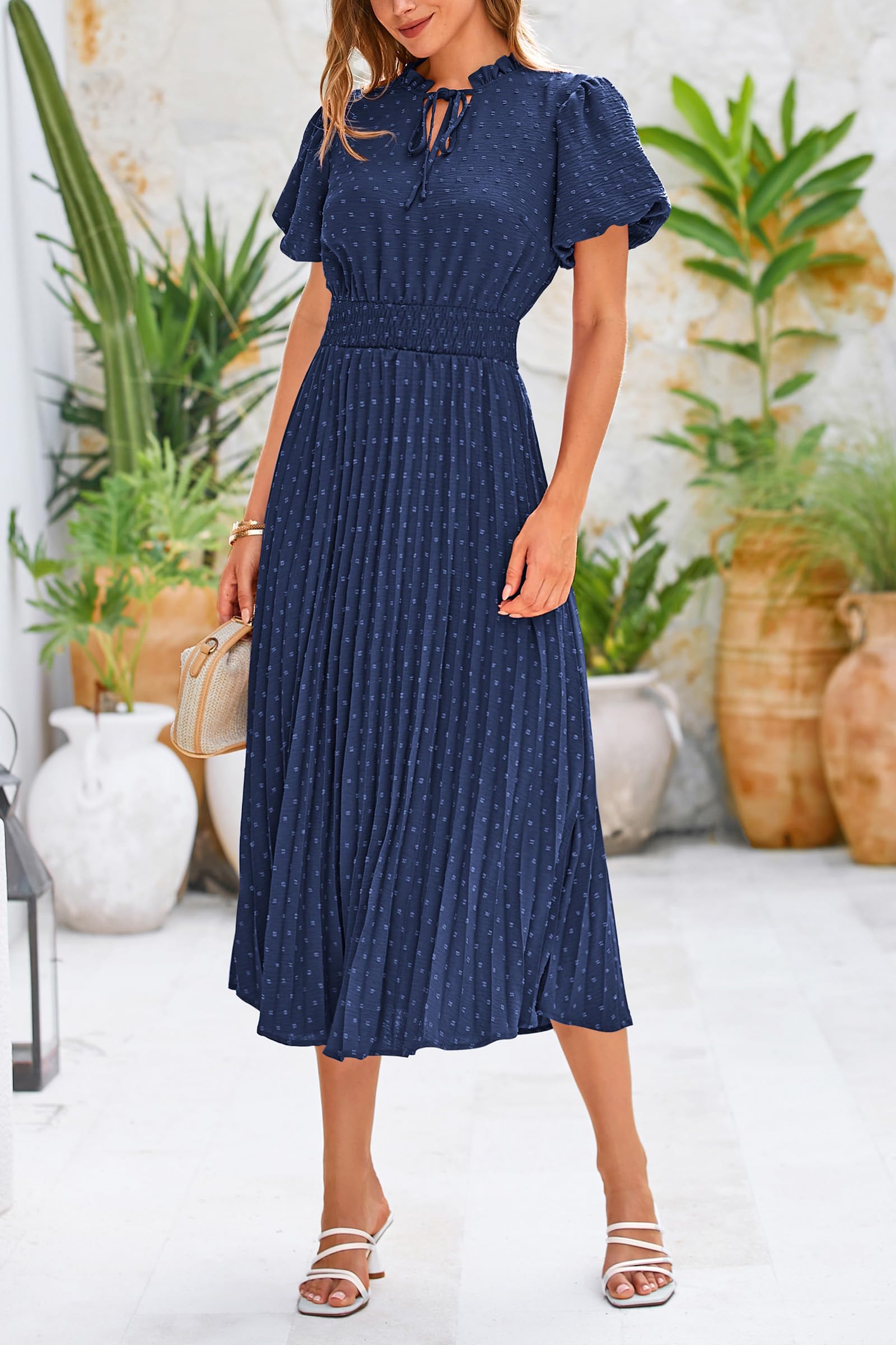PRETTYGARDEN Womens Summer Midi Dresses Puff Short Sleeve V Neck Swiss Dot Pleated A Line Flowy Long Wedding Guest Dress