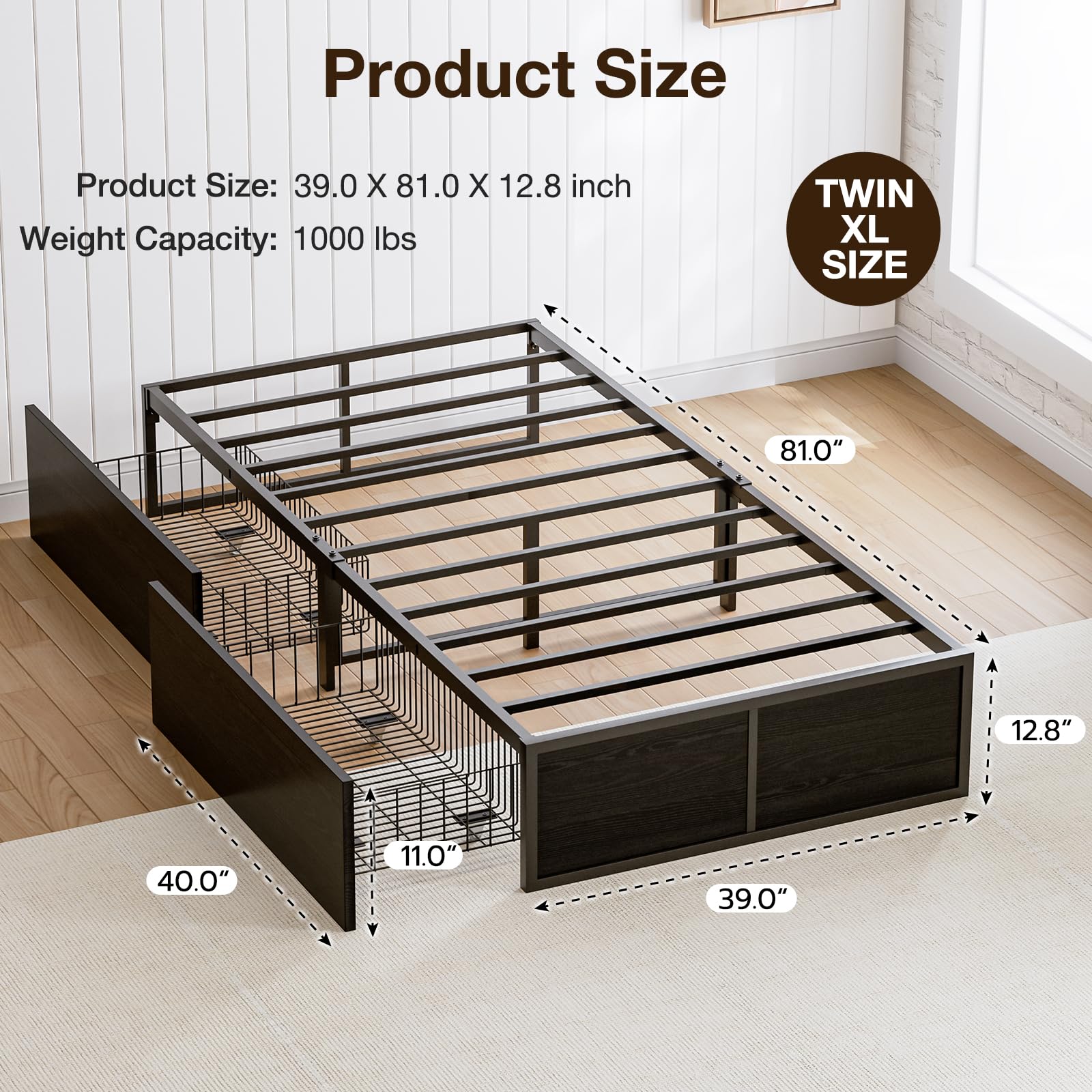 GAZHOME Twin Bed Frame with 2 XL Storage Drawers, Metal Platform Bed Frame with Footboard, 9 Strong Metal Slat Support/No Box Spring Needed/Easy Assembly/Space Saving Wood