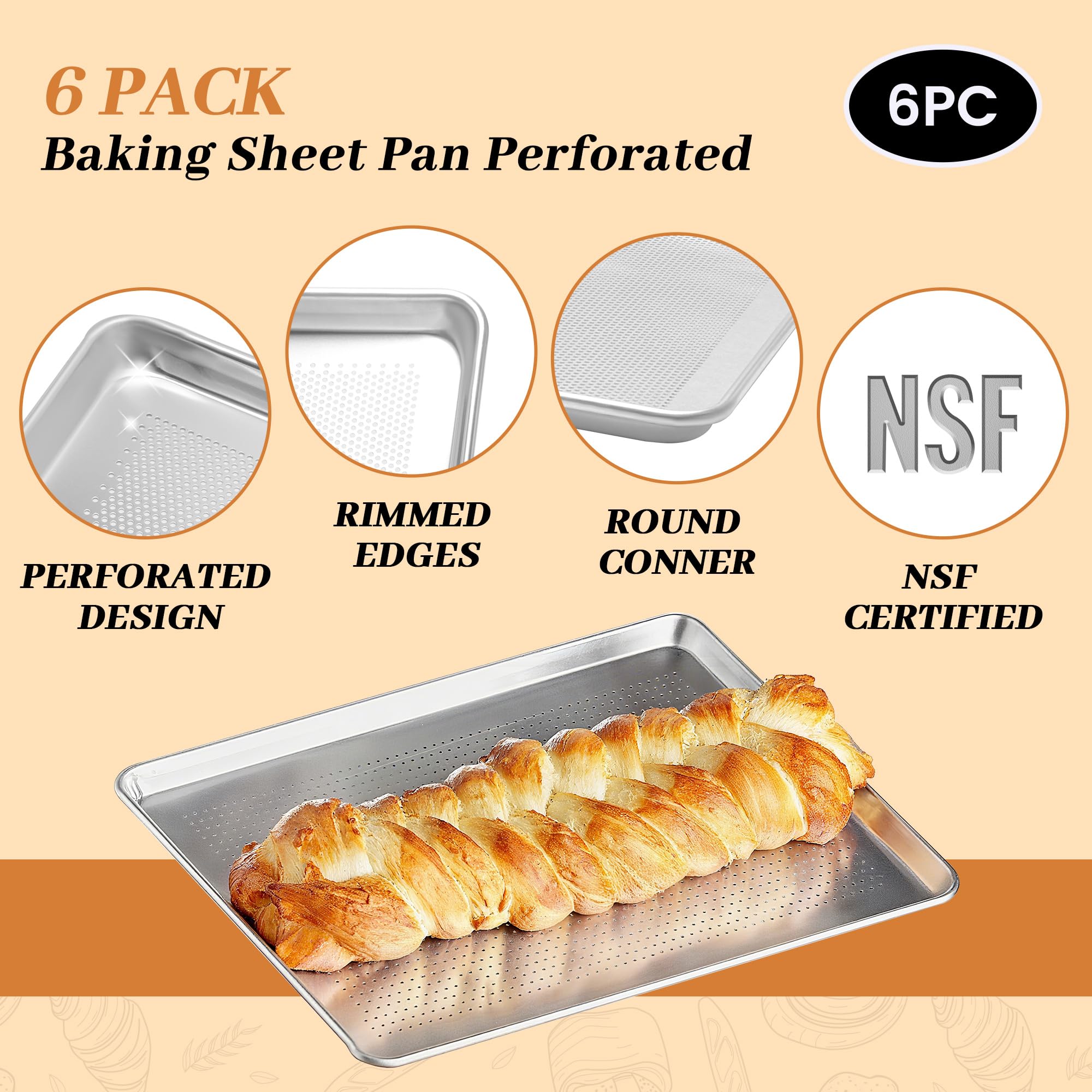 6 Pack Large Size Baking Sheet Pans, Aluminum Commercial Cookie Sheets Non-Stick, 21"x15"
