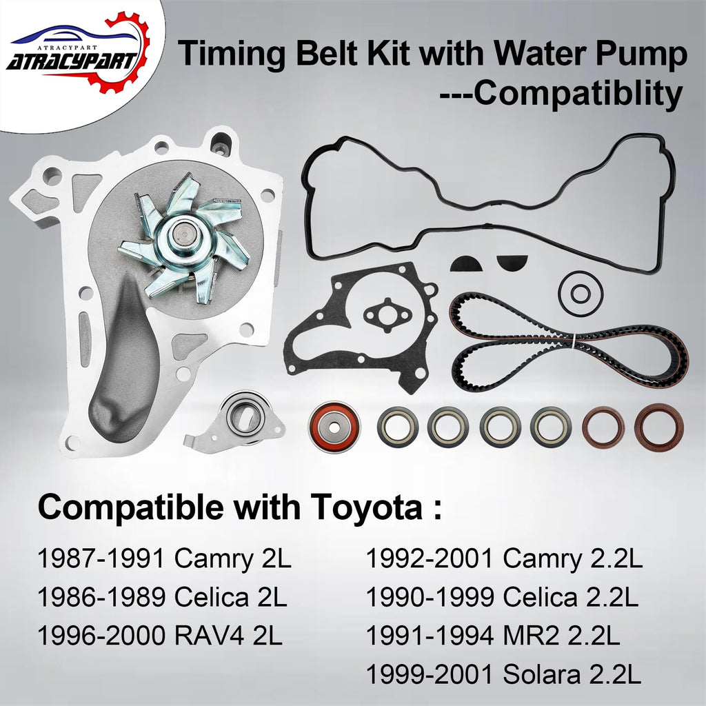 Engine Timing Belt Kit with Water Pump | Compatible With 1987-2001 Toyota Camry Celica RAV4 MR2 Solara 2.0L 2.2L 3SFE 5SFE L4 DOHC 16V | Replaces# TBK138, TCKWP199