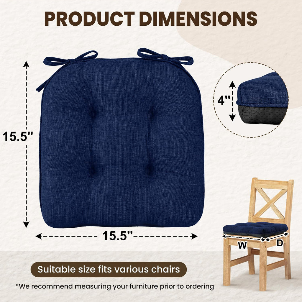 downluxe Indoor Chair Cushions for Dining Chairs, Tufted Overstuffed Textured Kitchen Chair Pads with Ties and Non-Slip Backing, 15.5" x 15.5" x 4", Aqua Blue, 4 Pack
