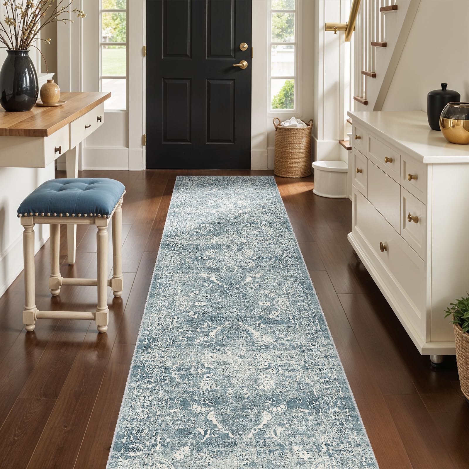 2x5 Washable Kitchen Runner Rug - Soft Low Pile Floral Animal Cat Print Rugs with Non-Slip Backing Waterproof Stain-Resistant Indoor Carpet for Hallway Entryway Bathroom Bedroom (Black)