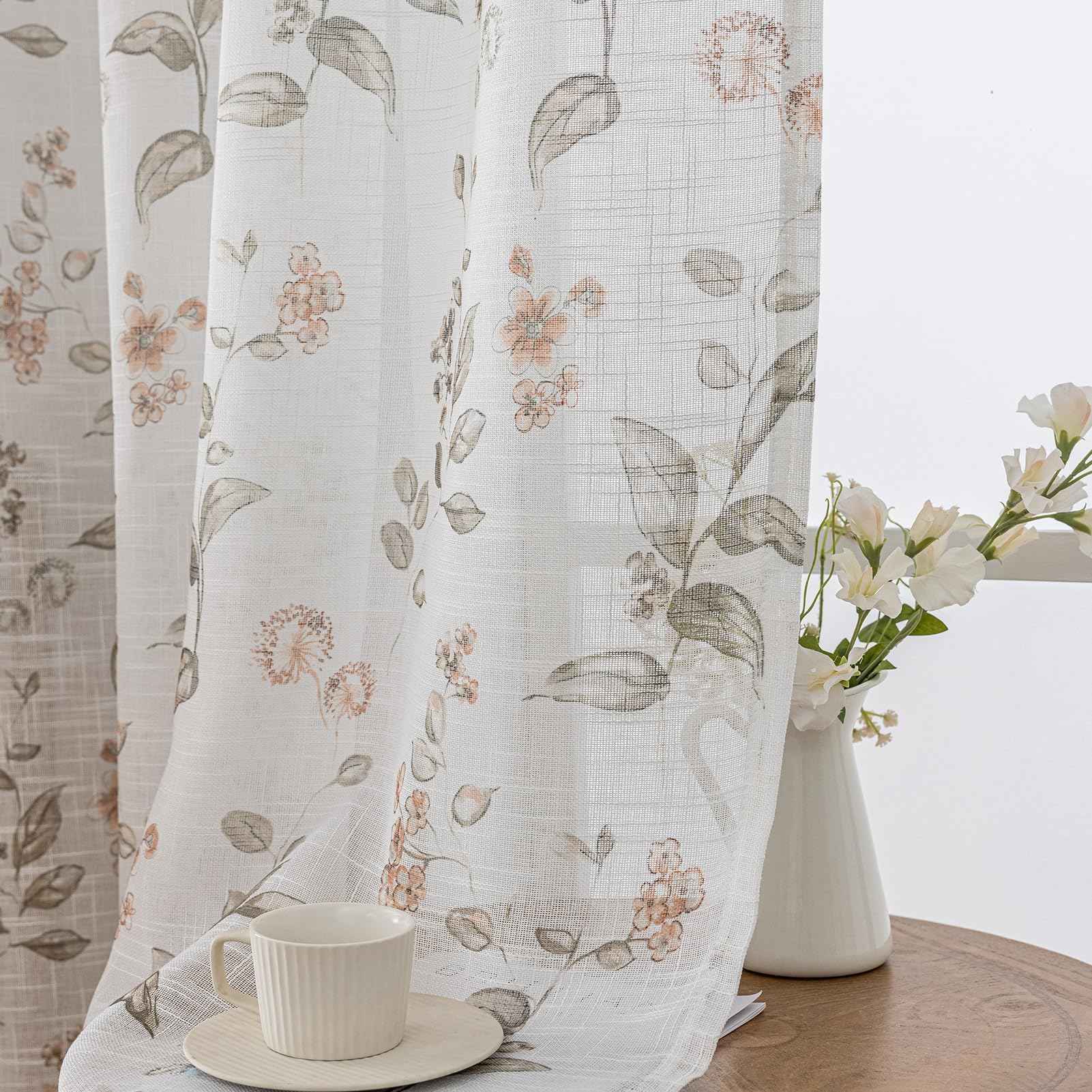 SUOUO Blue Leaf Semi Sheer White Curtains for Bedroom Dining Living Room Linen Textured 84 inches Long Rod Pocket Boho Window Drapes 2 Panels