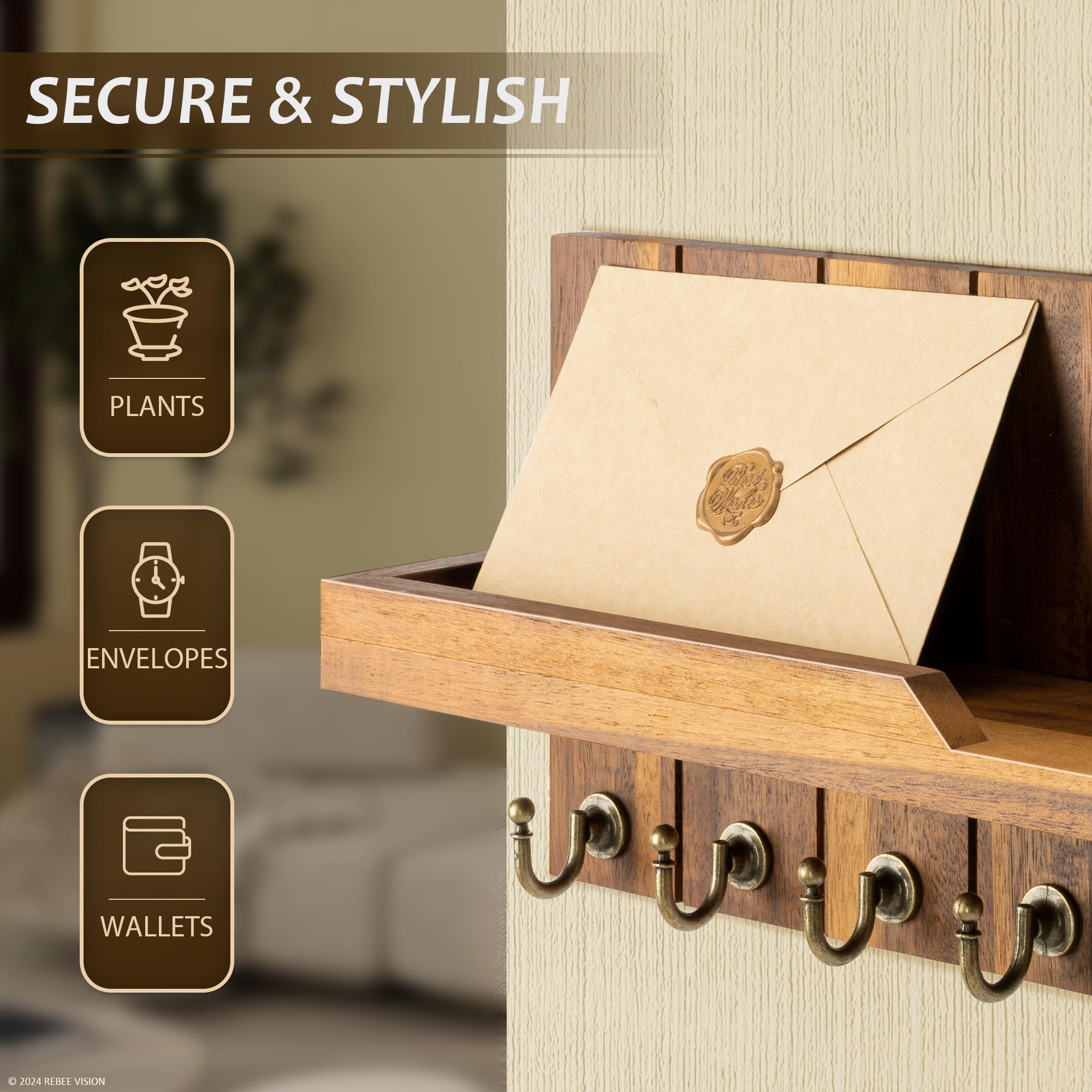 Rebee Vision Acacia Wood Key Holder Wall Mount – Farmhouse Key Holder for Wall & Mail Organizer with Shelf for Home Decor – Ideal for Apartment Essentials (Acacia Wood, 3.54" x 10" x 7.28")