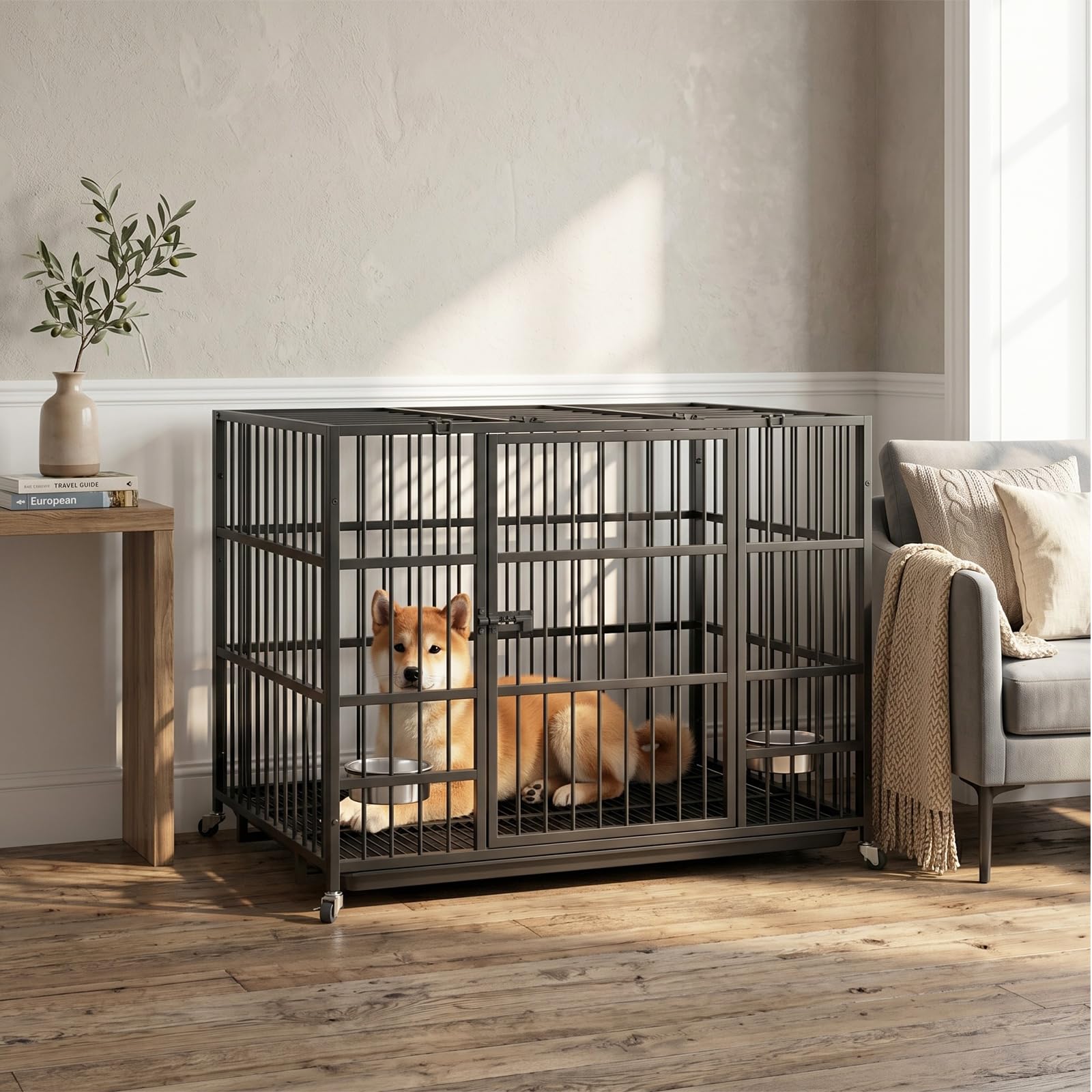 Dosker 42 inch Heavy Duty Metal Dog Crate with Divider for 2 Dogs/Large Dog, All Metal Open Top Escape Proof Cage, Indoor Dog Kennel with Wheels, Floor Grid, Tray, Feeding Bowl