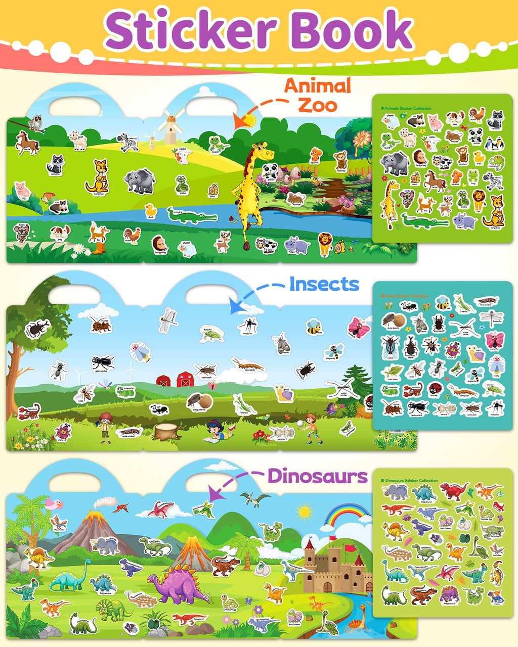 Benresive Reusable Sticker Book for Toddlers, Stickers for Kids, Travel Toys for Arts & Crafts Activities, Birthday Gift for Boys & Girls, Animals Dinosaurs Insects Themes