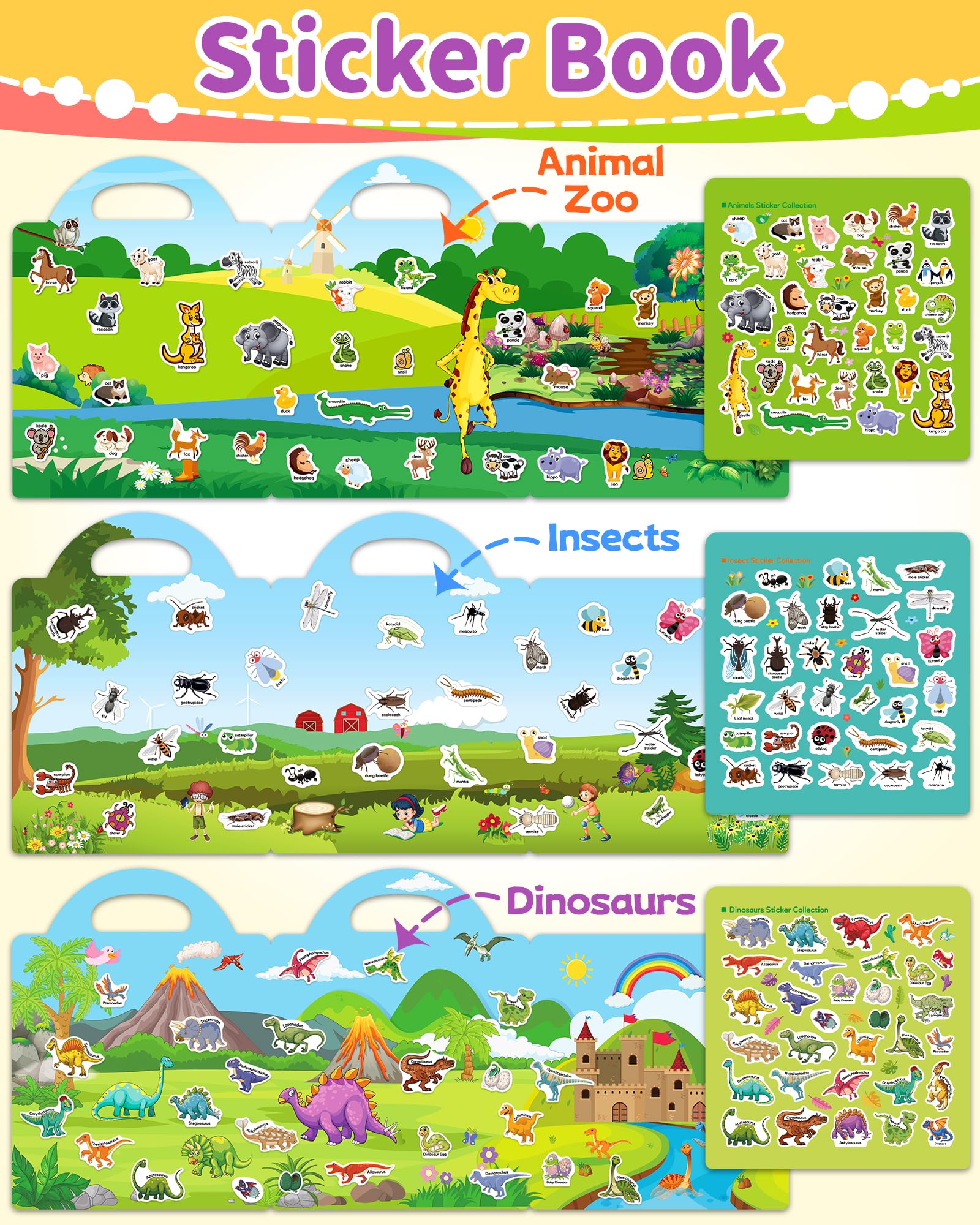 Benresive Reusable Sticker Book for Toddlers, Stickers for Kids, Travel Toys for Arts & Crafts Activities, Birthday Gift for Boys & Girls, Animals Dinosaurs Insects Themes