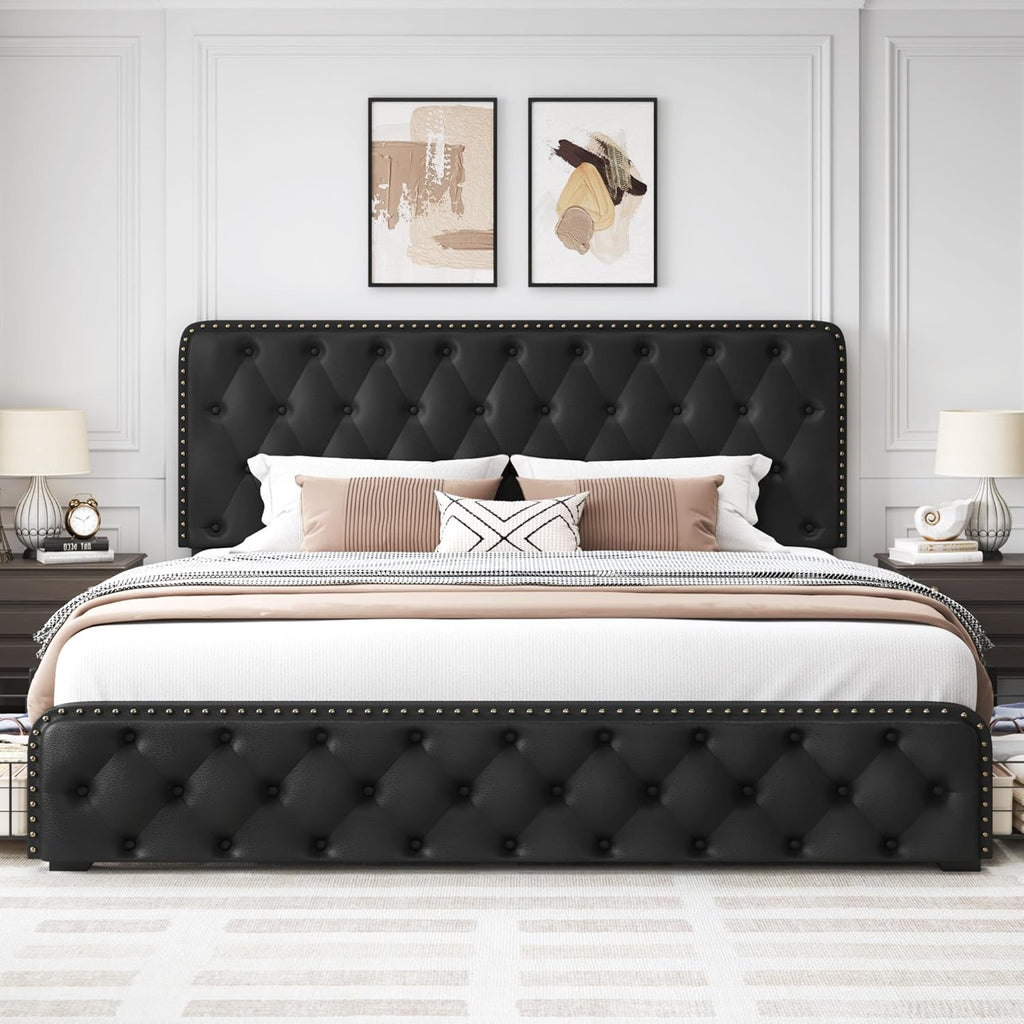 Lifezone Queen Bed Frame with Headboard Faux Leather Upholstered Metal Queen Bed Frame with 4 Storage Drawers, Adjustable Headboard/All-Metal Support/No Box Spring Needed/Easy Assembly, Black