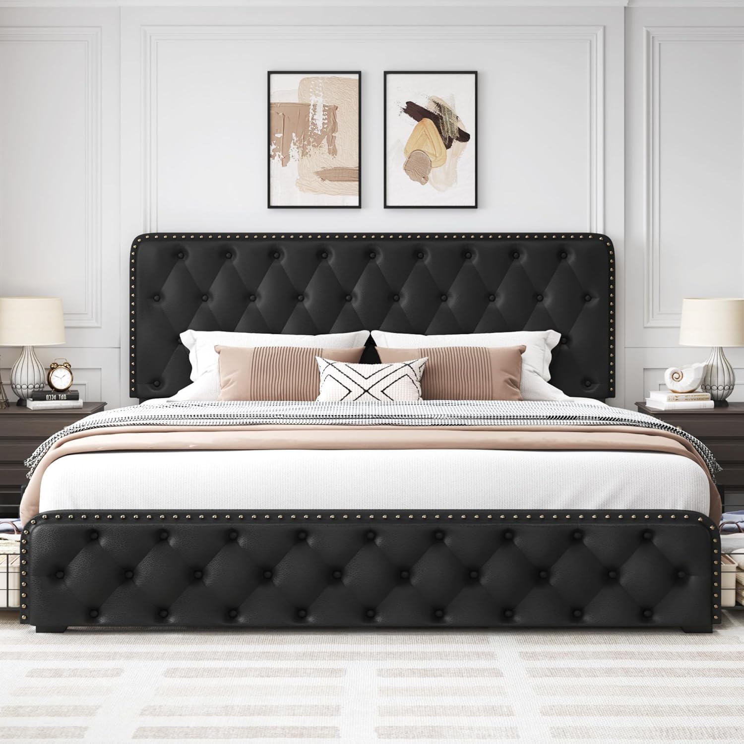 Lifezone Queen Bed Frame with Headboard Faux Leather Upholstered Metal Queen Bed Frame with 4 Storage Drawers, Adjustable Headboard/All-Metal Support/No Box Spring Needed/Easy Assembly, Black