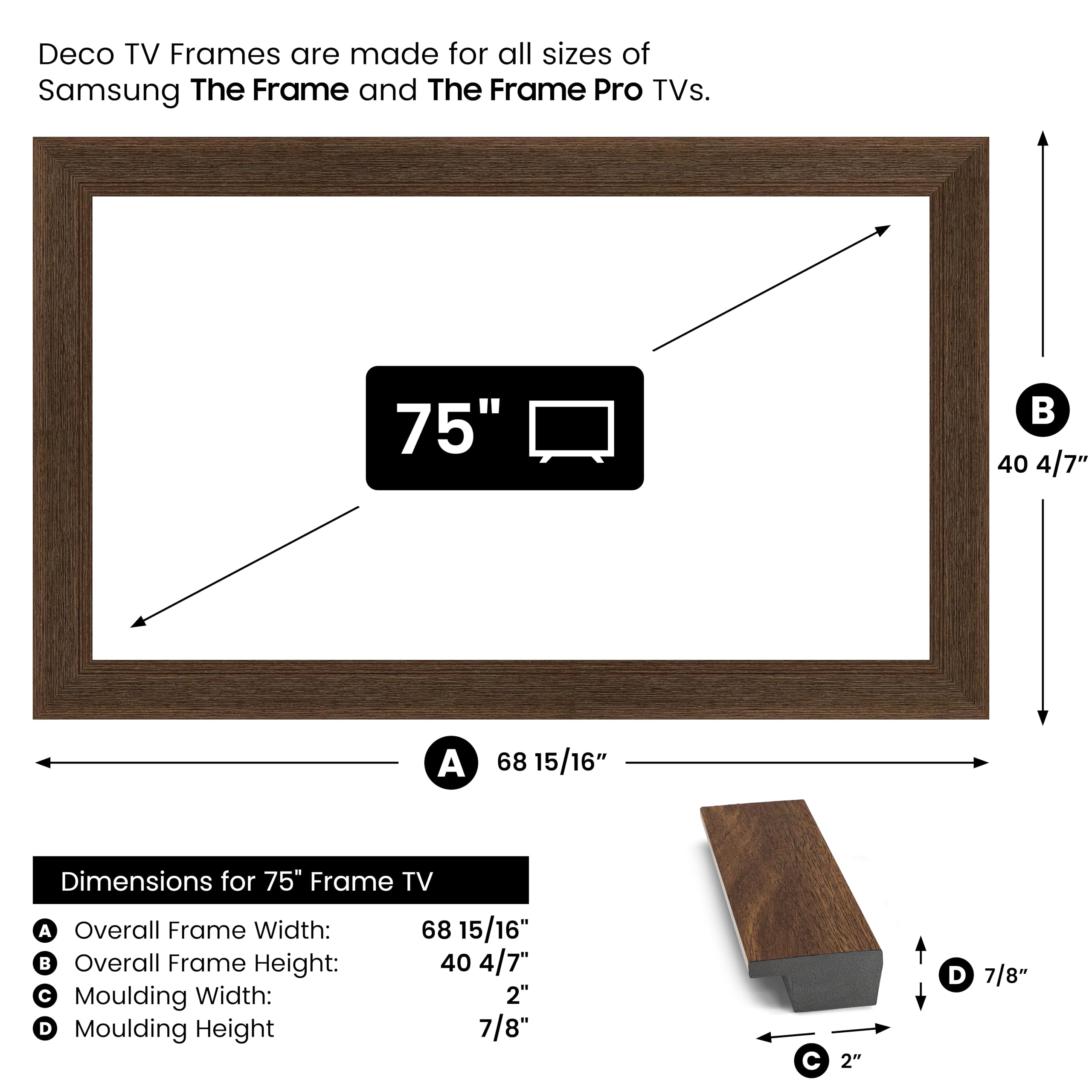 Museum Walnut 3" Color Chip Slim Deco TV Frame (32",43",50",55",65",75",85") Compatible ONLY with Samsung The Frame and Pro TVs (Fits 2021-2026, LS03A,LS03B,LS03C,LS03D,LS03FA,LS03FW)