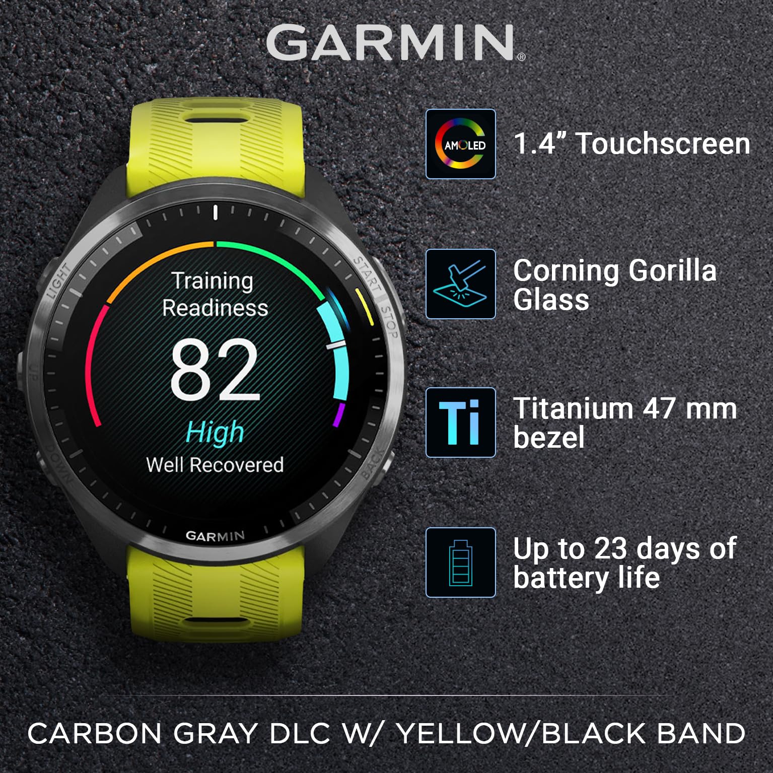 Garmin Forerunner 965 Premium GPS Running and Triathlon 47 mm Smartwatch with AMOLED Touchscreen Display, Carbon Gray DLC Titanium Bezel and Yellow Silicone Band + Black Earbuds Bundle