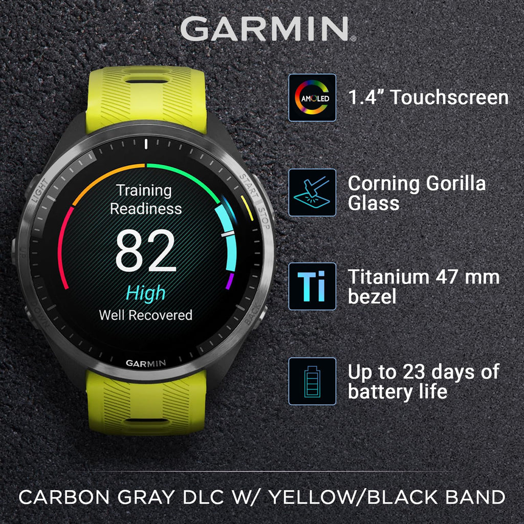 Garmin Forerunner 965 Premium GPS Running and Triathlon 47 mm Smartwatch with AMOLED Touchscreen Display, Carbon Gray DLC Titanium Bezel and Yellow Silicone Band + Black Earbuds Bundle