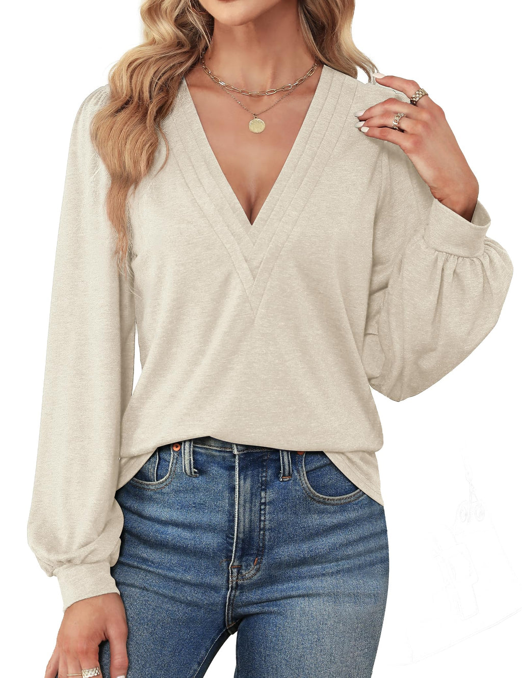Agnes Urban Womens V Neck Long Sleeve Tops Dressy Casual Fall Shirts Puff Sleeve Loose Tunic Trendy Tops Blouses