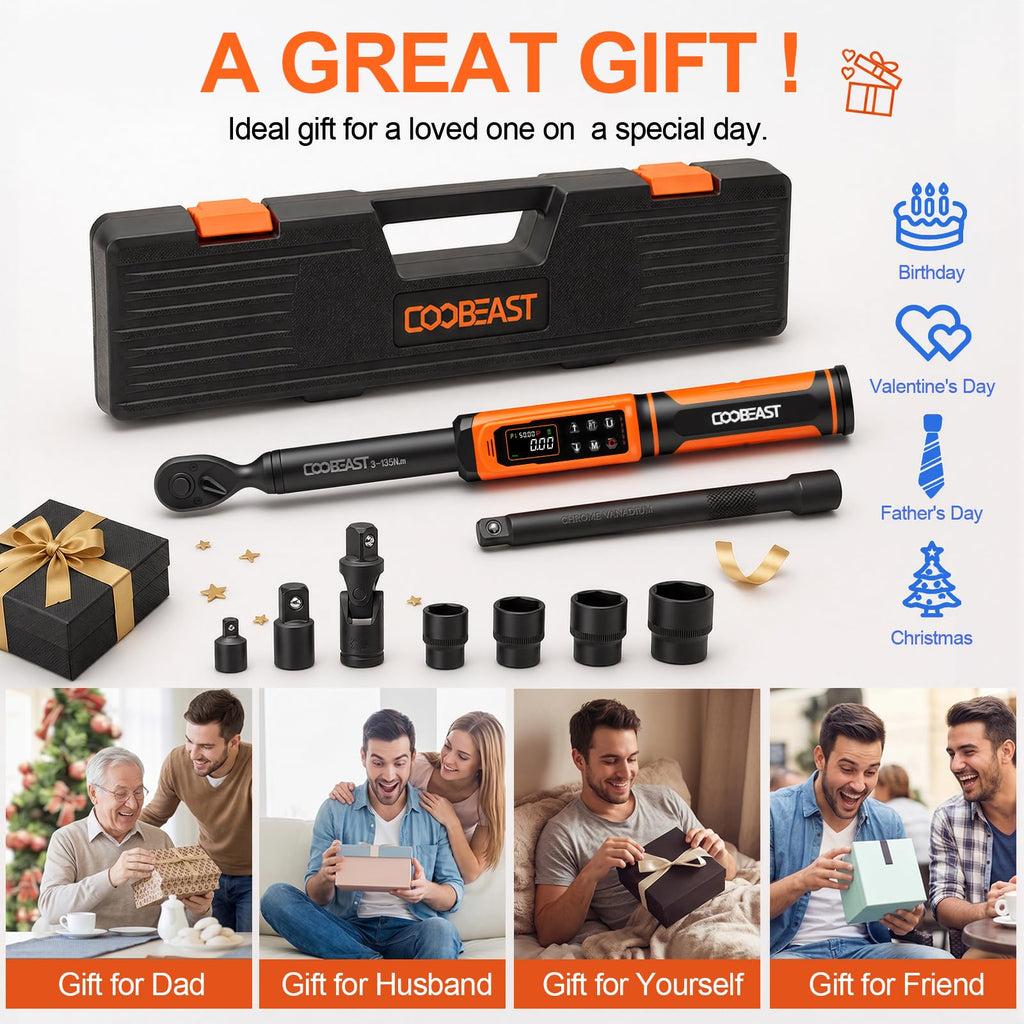 Digital Torque Wrench, 1/2 Drive Electronic Torque Screwdriver with Preset Value(3.76-250.8 Ft.lbs./5.1-340Nm), Buzzer and LED Flash Five Units of Measure Torque Wrench for Motorcycle, Auto Repair