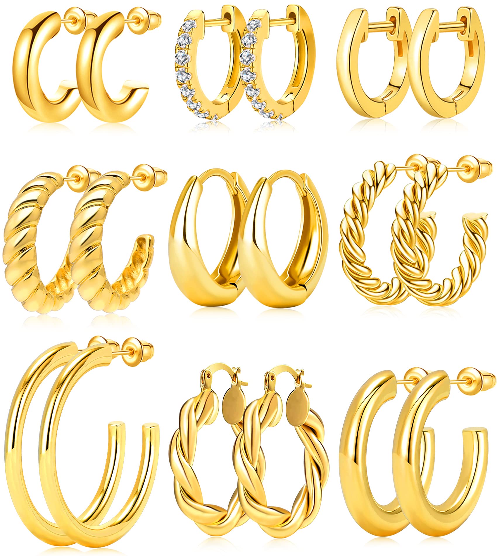 Adoyi 9 Pairs Gold Hoop Earrings Set for Womens Twisted Huggie Hoops Earrings 14K 18K Gold Plated for Girls Valentines Mother's Day Birthday Gifts Lightweight
