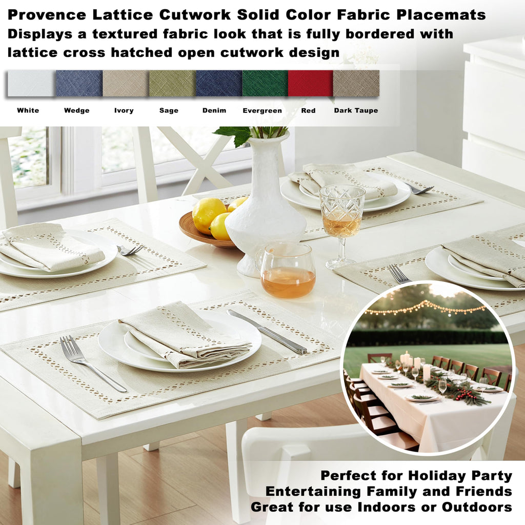 Newbridge Rectangle Fabric Placemats, Set of 4 Placemats, Provence Lattice Cutwork Solid Color Textured, Water and Stain Resistant Easy Care, Denim Blue