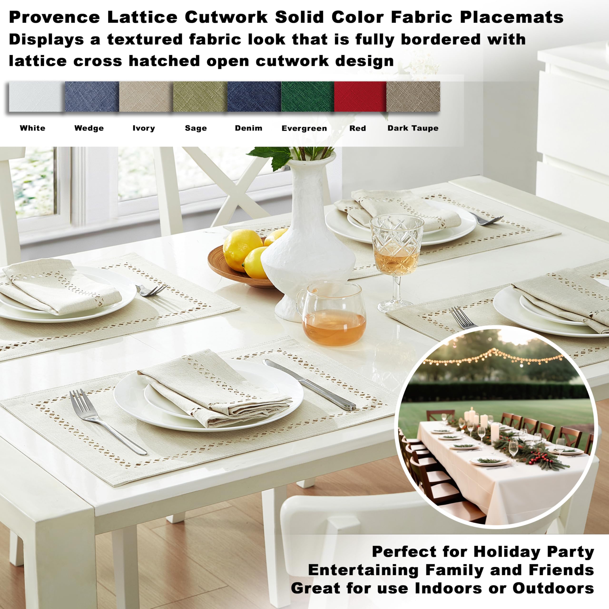 Newbridge Rectangle Fabric Placemats, Set of 4 Placemats, Provence Lattice Cutwork Solid Color Textured, Water and Stain Resistant Easy Care, Denim Blue