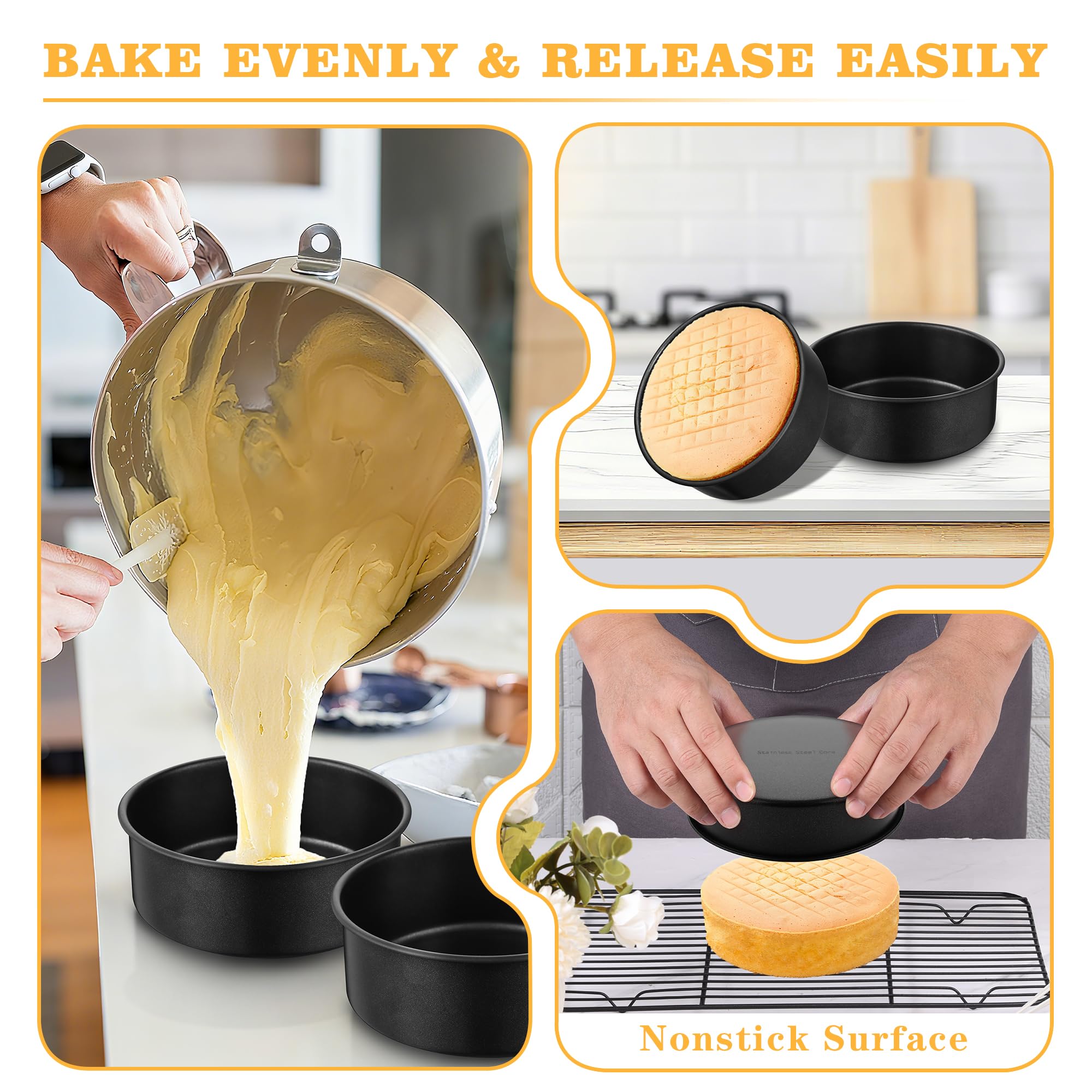 E-far 4 Inch Cake Pan Set of 3, Nonstick Stainless Steel Mini Round Cake Pans Tin, Small Size for Baking Smash Cakes/Cheesecake, Stainless Steel Core & Non-toxic Coating, Straight Side & 2 Inch Deep