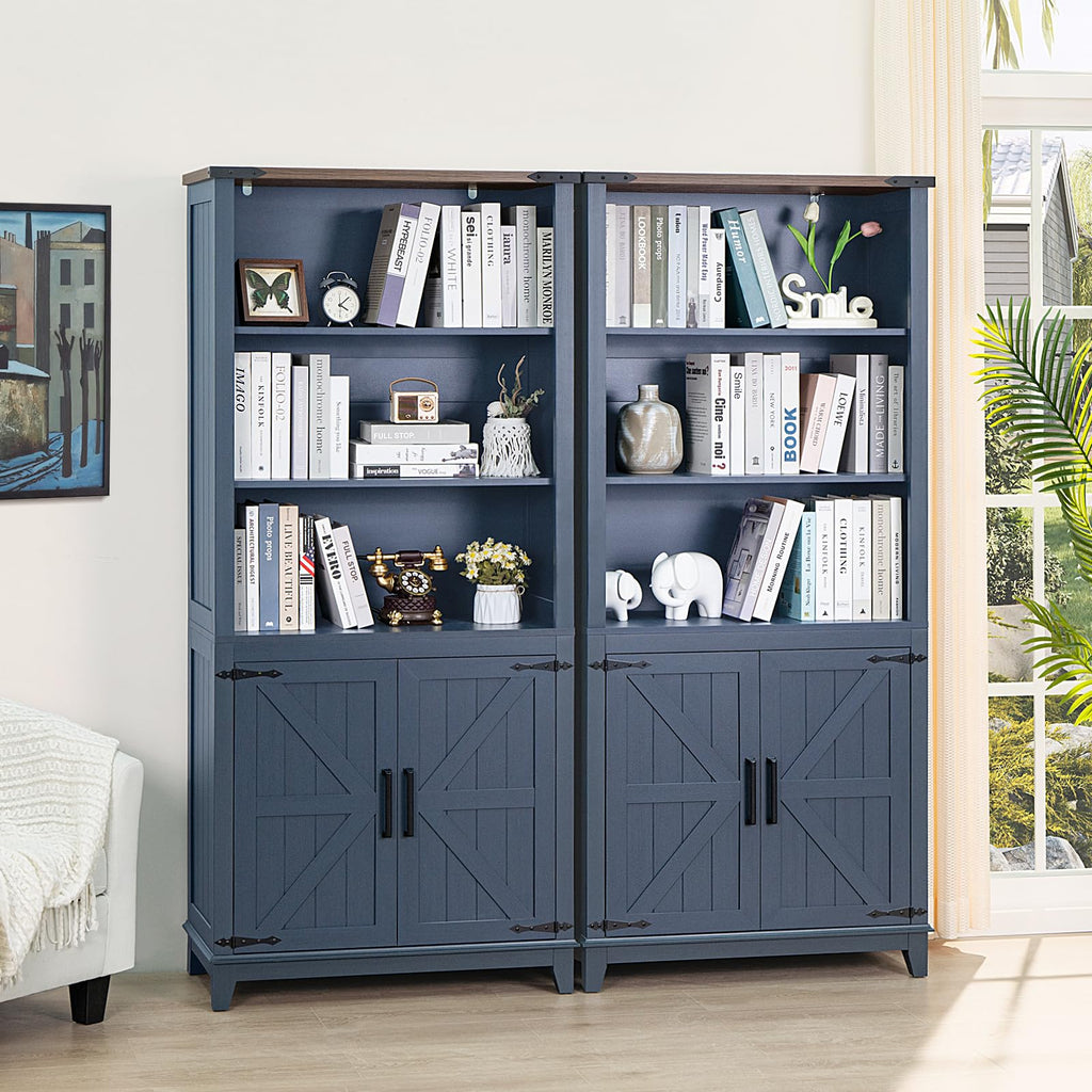 Joaxswe 70in Tall Bookshelf 5 Tier Bookcase with Barn Doors and Adjustable Shelves, Black Farmhouse Book Shelf with Storage Cabinet, Wood Freestanding Display Bookshelves for Bedroom, Living Room